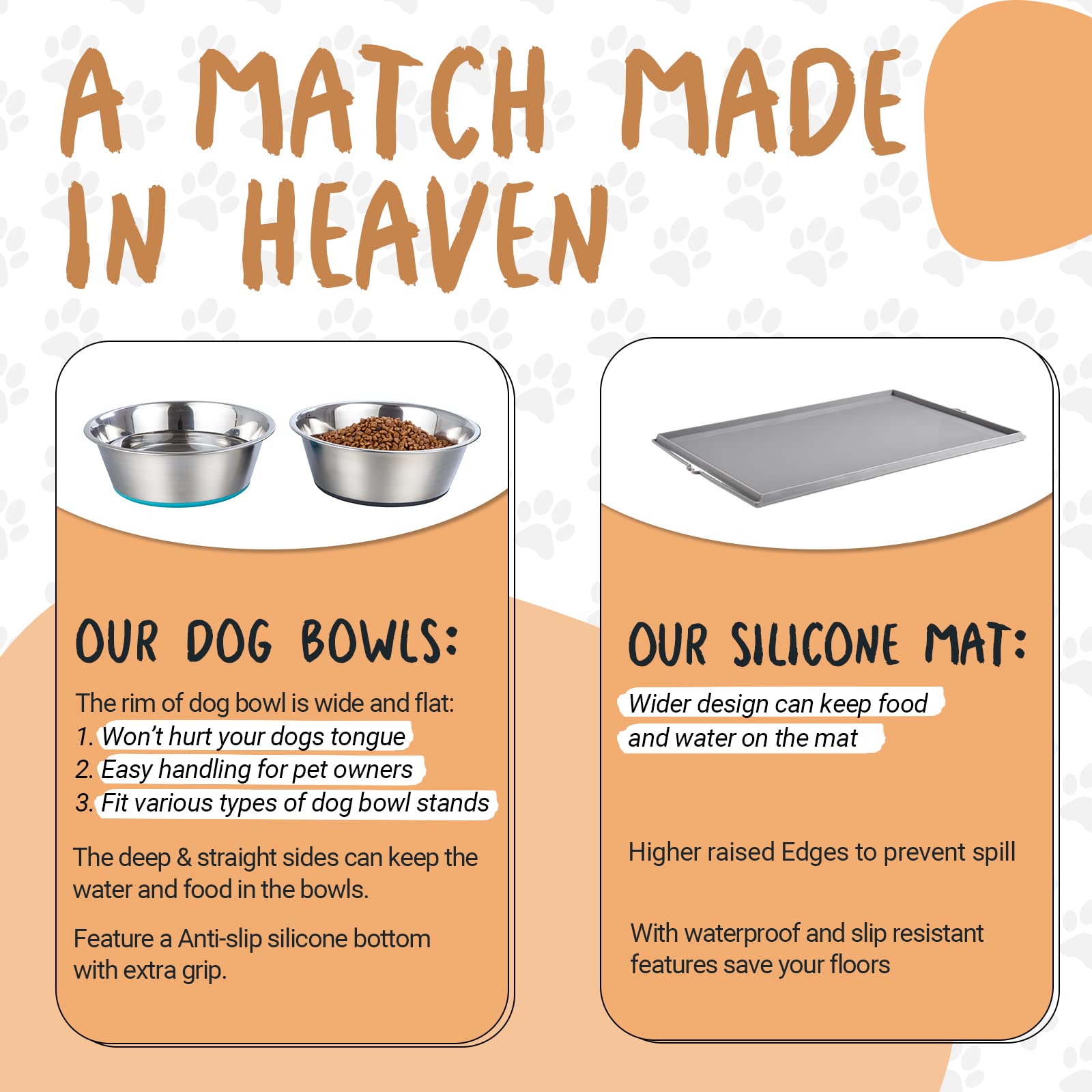 PEGGY11 Deep Stainless Steel Anti-Slip Dog Bowls with Silicone Mat - 2 Bowls + Mat, 6 Cups