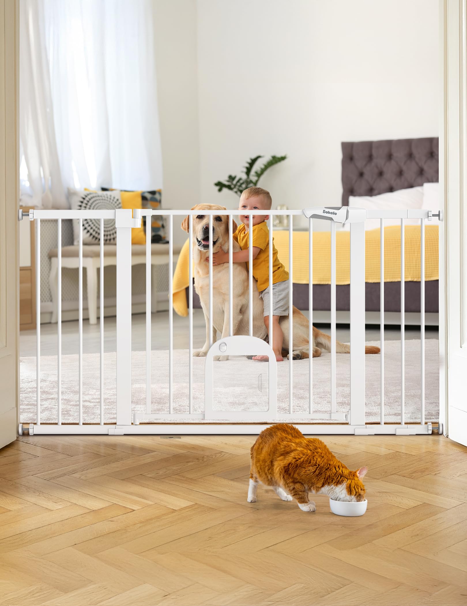 Babelio 36.5-57 Extra Wide Baby Gate with Cat Door, CatPrivilege ?, Auto Close & Two Way Swing, Pressure Mounted Dog Gates for S