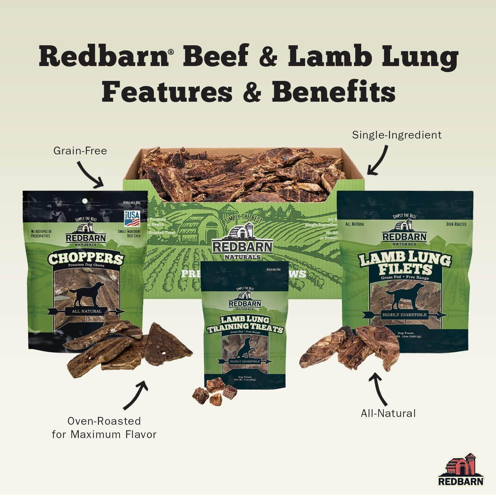 Redbarn Lamb Lung Filets - Oven Roasted Jerky-Style Dog Treats, Flavorful, Tasty & Highly Palatable Chews, Single Ingredient Pro