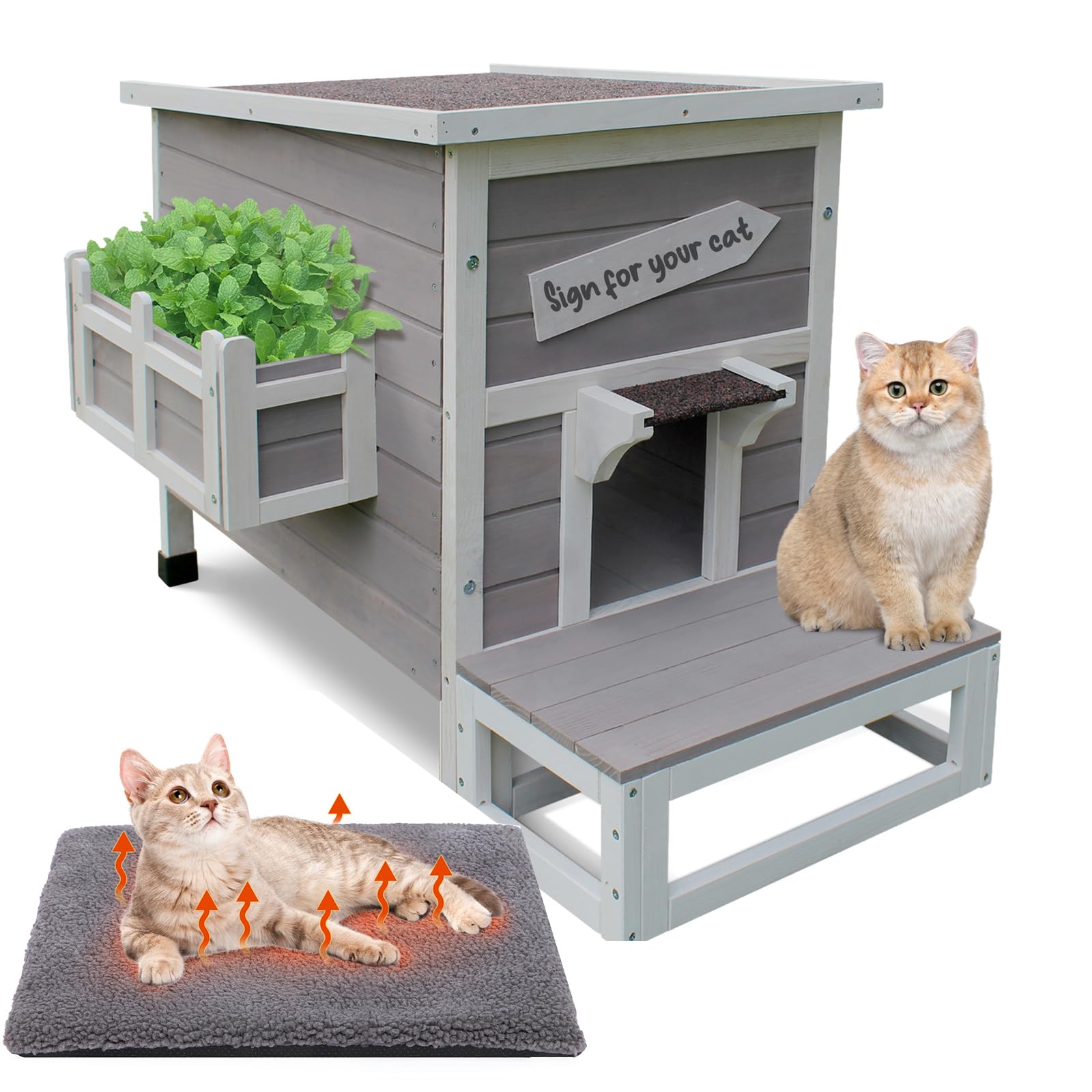 Rockever Outdoor Cat House, Large Outdoor Houses For Feral Cats With Self-Warming Mat Wooden Outside Cat Shelter Weatherproof Wi