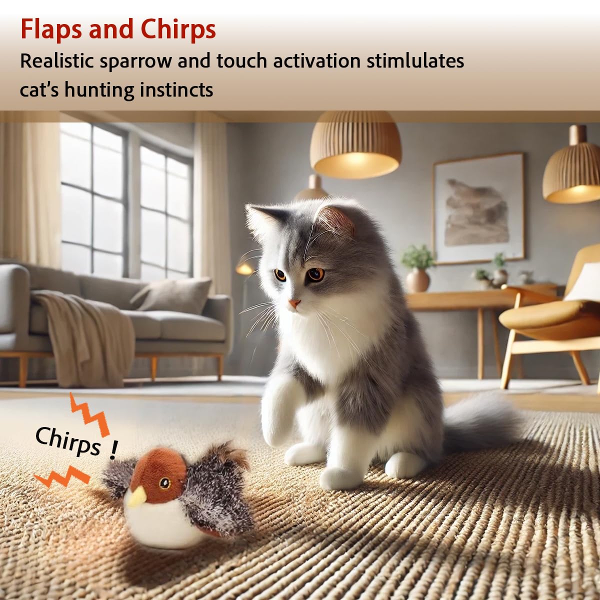 Vobest Realistic Cat Toys, Rechargeable Interactive Flappy Bird, Flapping Bird Sparrow, Touch Activated Kitten Toy Cat Exercise