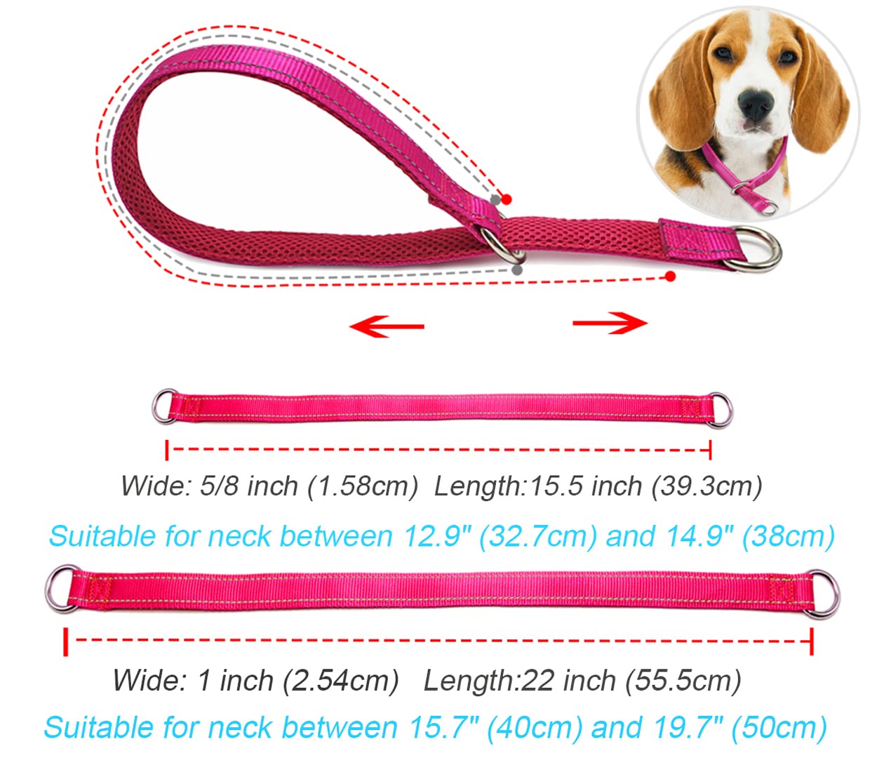 Mycicy Reflective Slip Collar, Soft Nylon Training Choke Collar For Dogs In Pink 22', Wide 1'