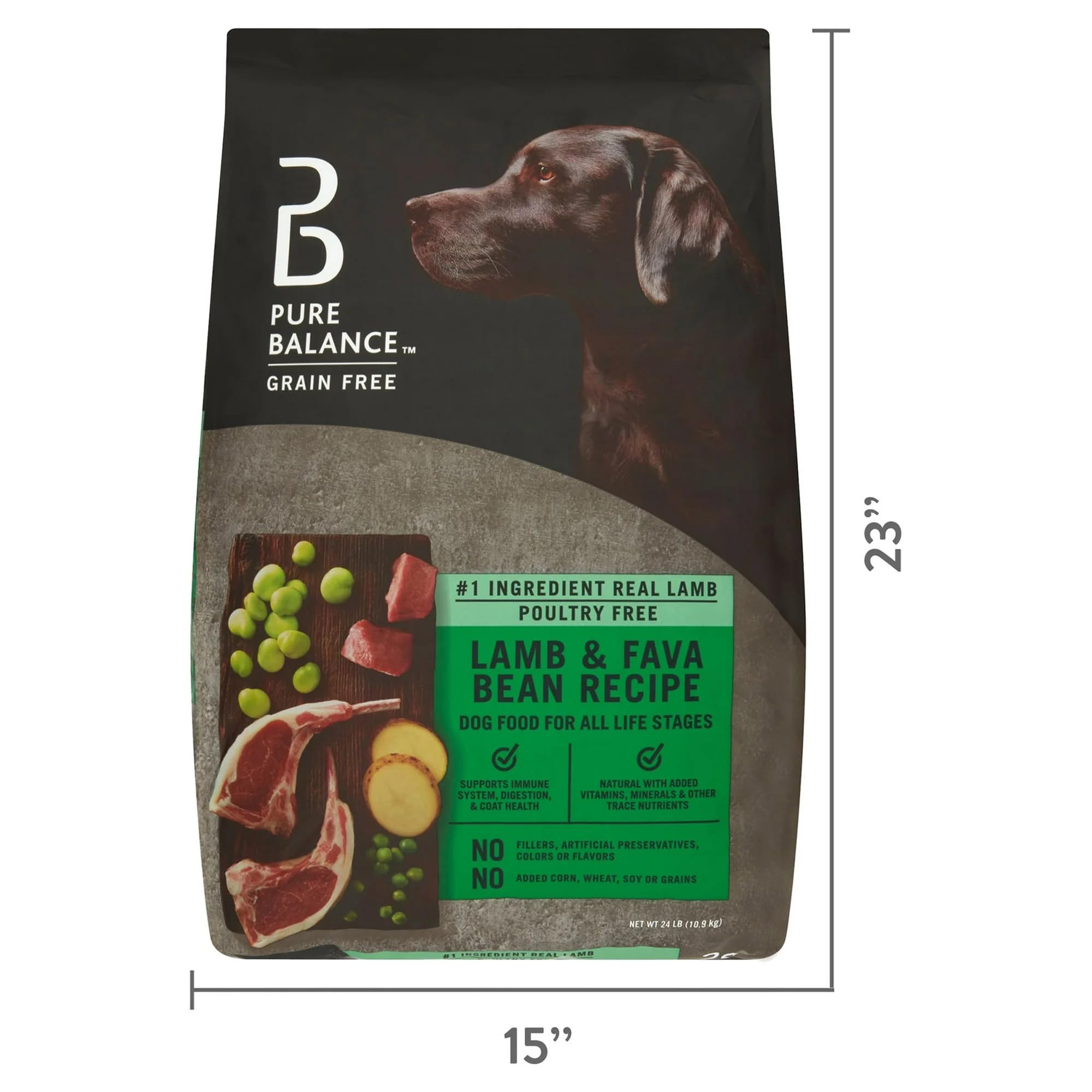 Pure Balance Grain-Free Lamb & Fava Bean Dry Dog Food, 24 lb Bag, Real Lamb First, No Corn Wheat Soy, Digestive Health, Immune S