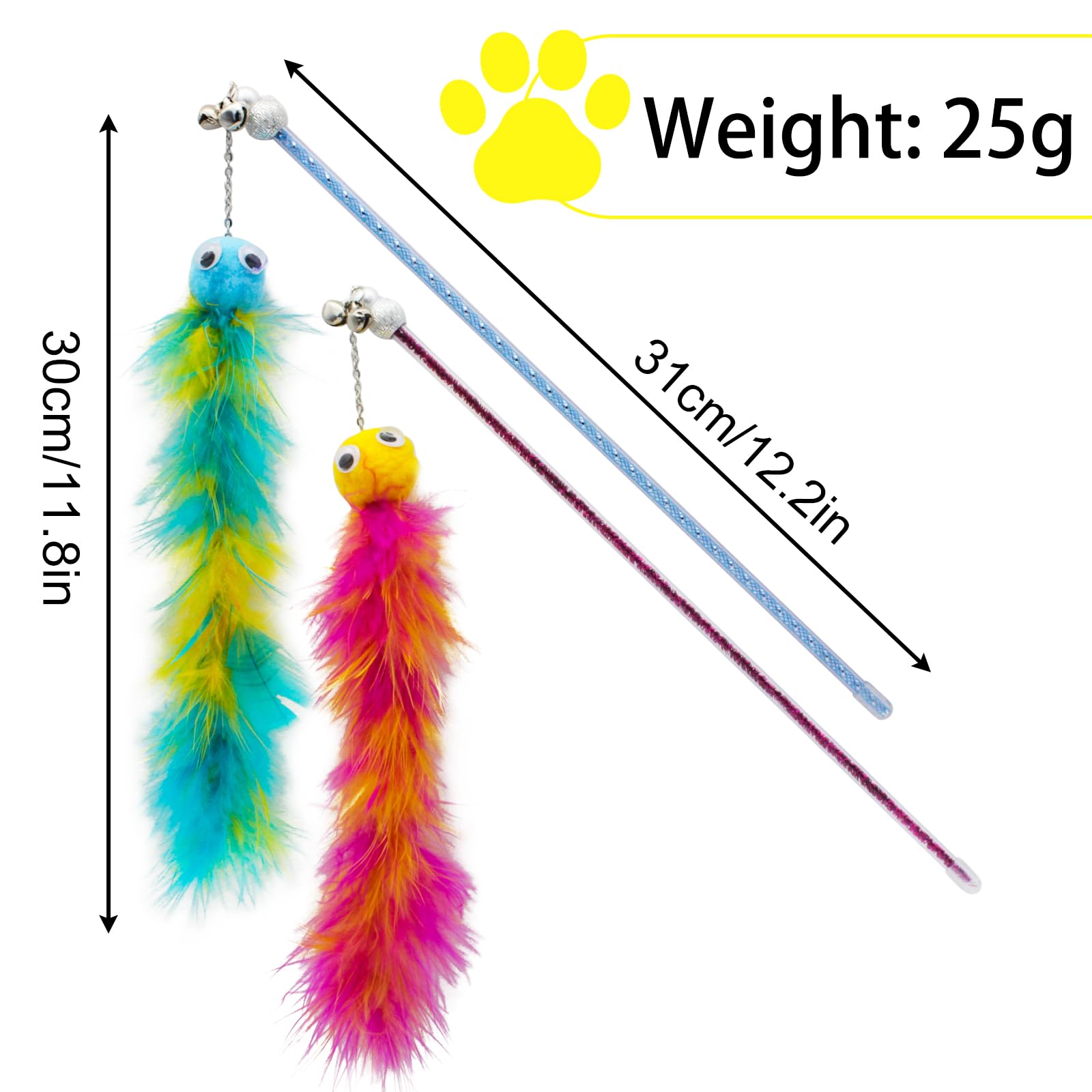Andiker Cat Feather Toys, 2Pcs Cat Wand Toys With Bell&Plush Balls, 12In Colourful Interactive Kitten Teaser Toy, Funny Interact