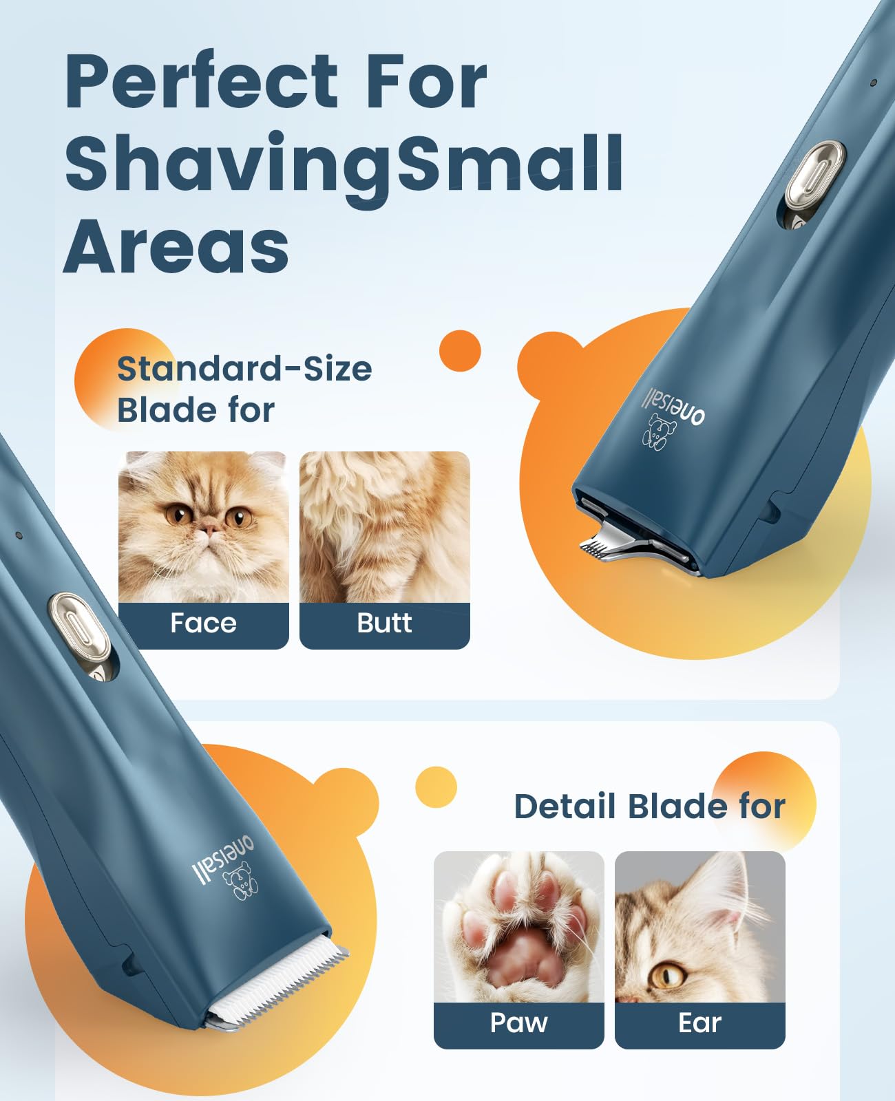 Oneisall Pet Clippers For Cat Matted Hair, Small Clippers Low Noise Dog Trimmers For Dog Grooming, Pet Hair Trimmer For Small Pets (Standard+Mini Blade)