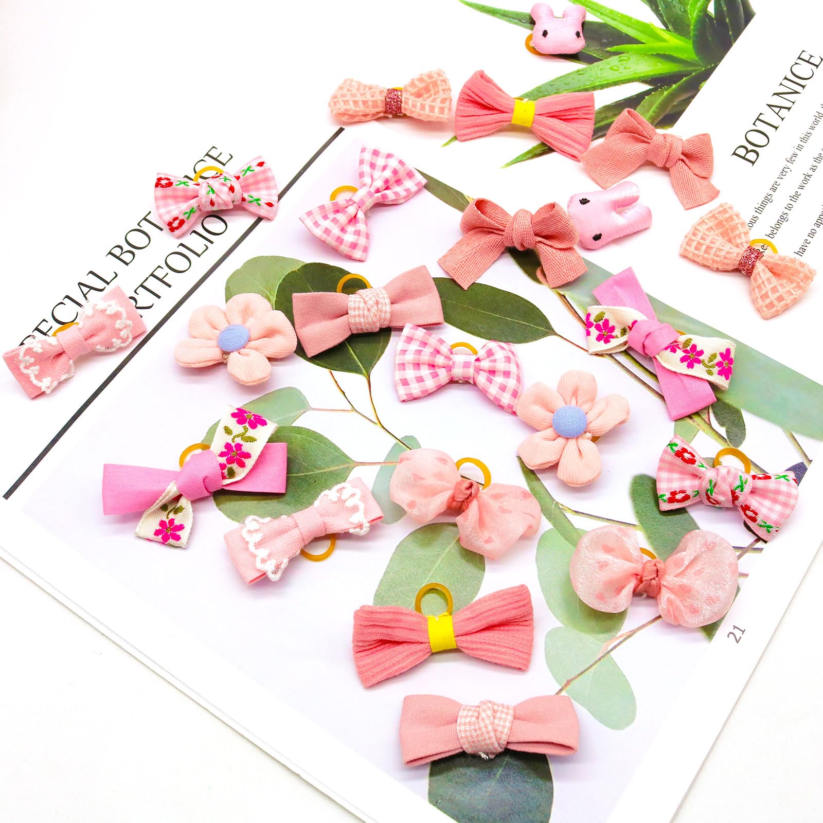 Mruq pet 20pc Light Pink Small Dog Hair Bows with Rubber Bands, Bulk Puppy Dog Hair Bows, Mix Handmade Cute Dog Gooming Flower B