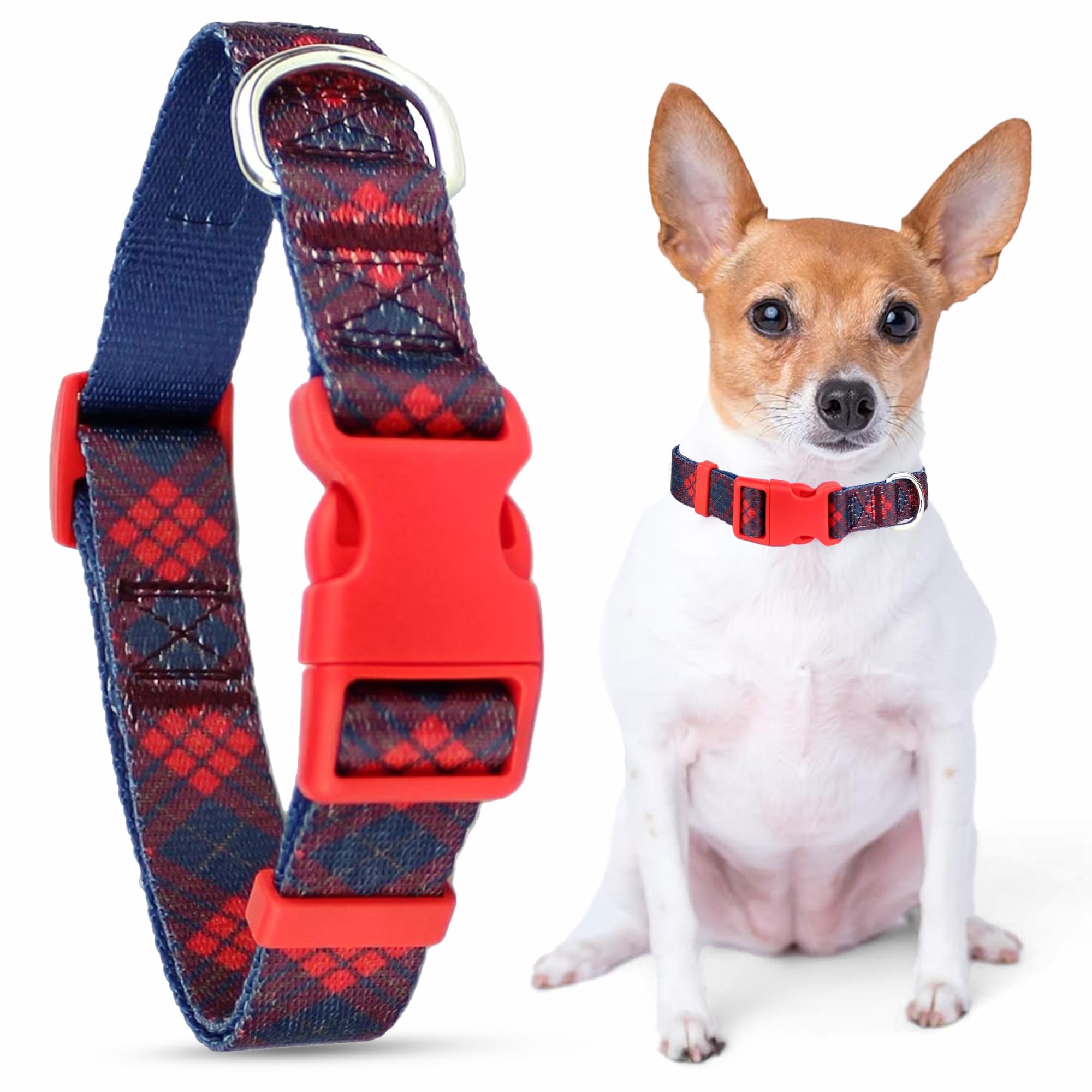 Parisian Pet Dog Collar - Adjustable “ Scottish Red Plaid “ Pattern Puppies Collar - Comfortable, Nylon Dog Collar - Breathable Dog Collars For Large Dogs L