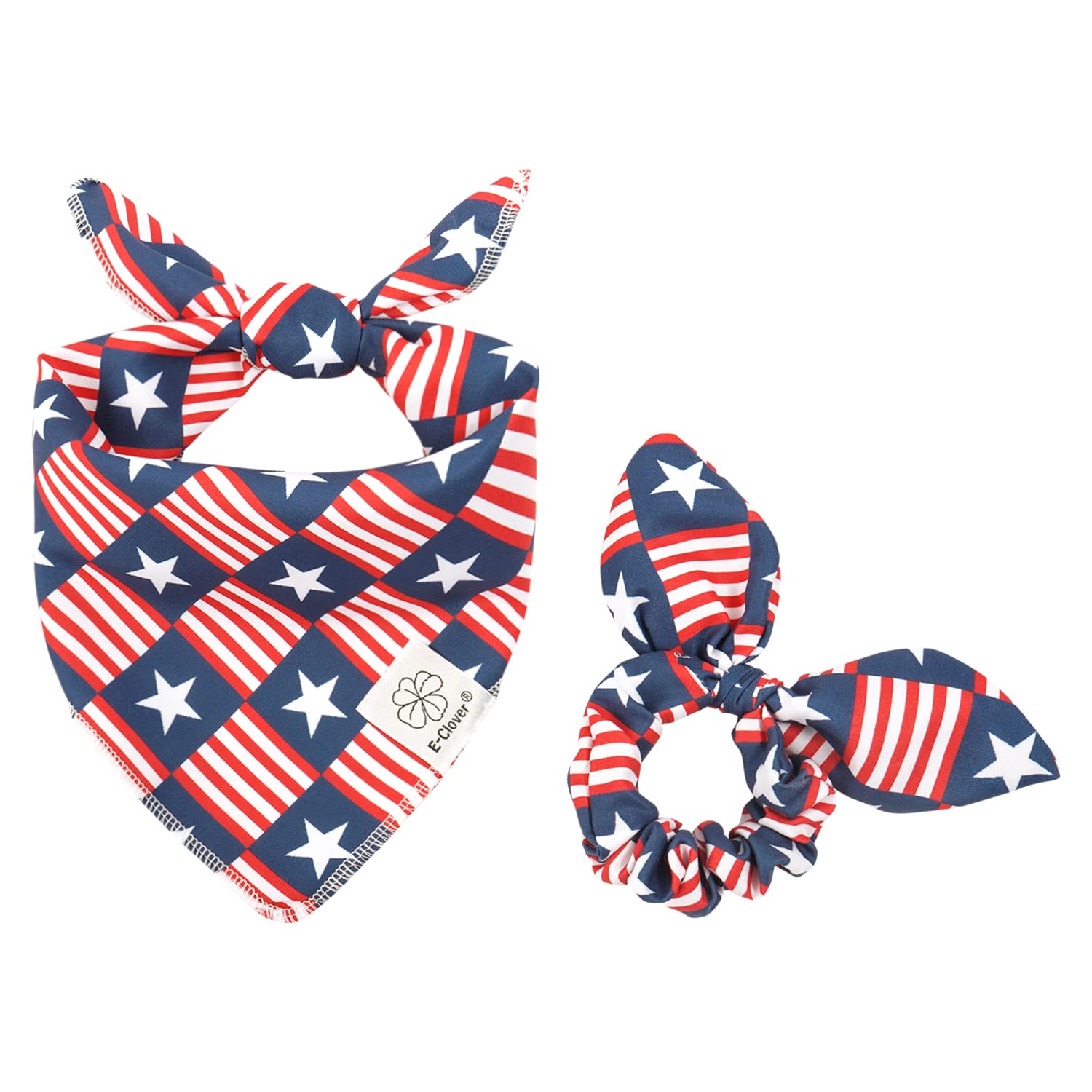E-Clover 4Th Of July Dog Bandanas & Matching Scrunchie Set American Flag Dog Scarf Washable Patriotic Pet Bandana Kerchief Bibs 