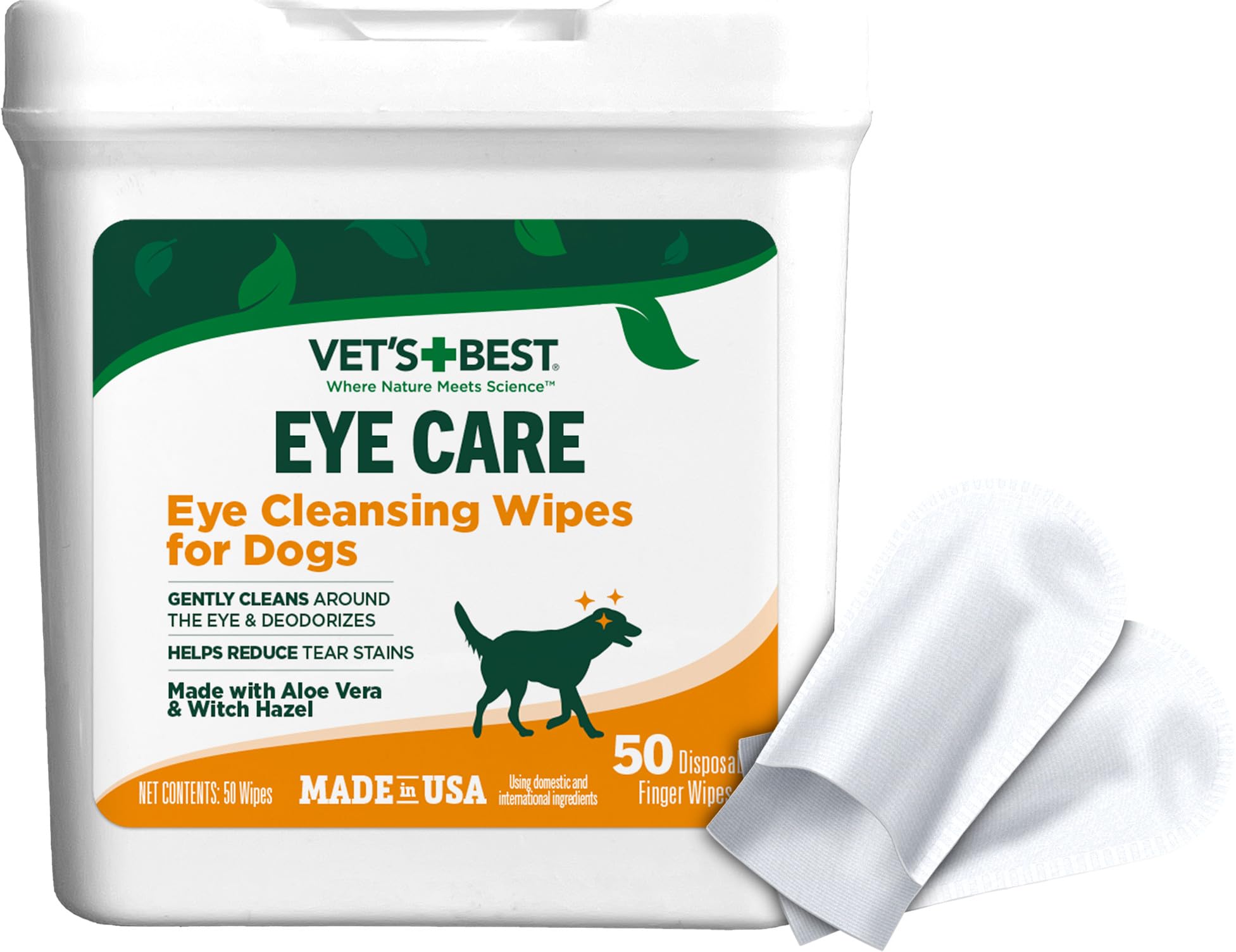Vets Best Eye Cleansing Wipes for Dogs - Tear Stain Remover for Dogs - Easy to Use and Paraben Free - Aloe Vera & Witch Hazel - 