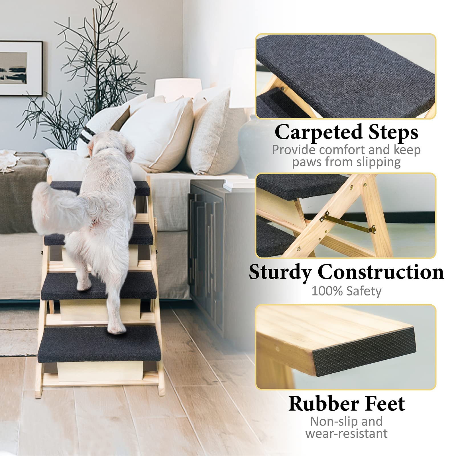 Briky 2-In-1 Dog Stairs/Ramp With 4 Steps, Foldable Dog Stairs For High Beds Cars Couch, Durable Wooden Pet Stairs For Small Med