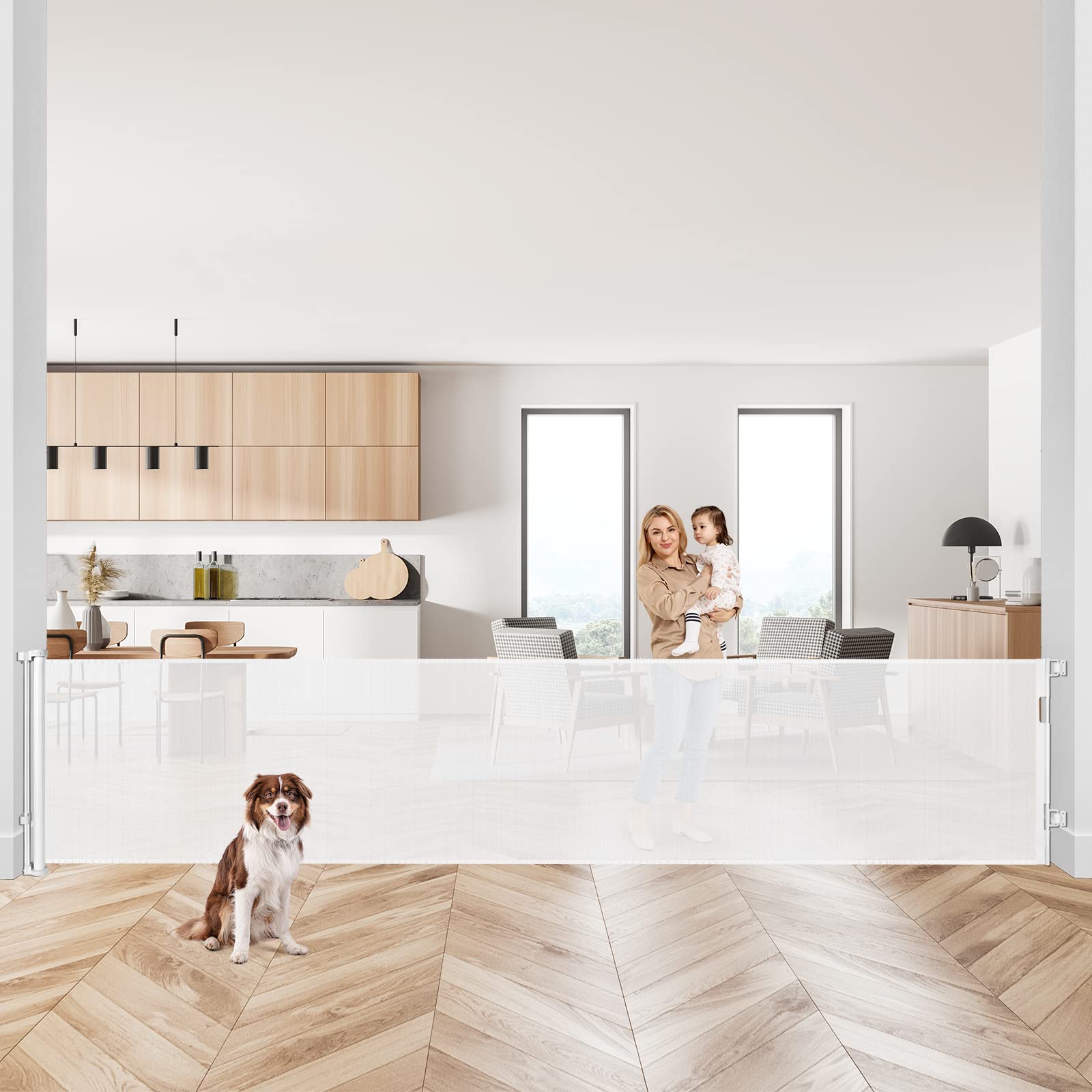 145 Inch Retractable Baby Gates Extra Wide Dog Gate For Extra Wide Openings Retractable Dog Gate Indoor Outdoor Retractable Gate Mesh Baby Gate Extra Long Baby Gate For Stairs, Doorways, White