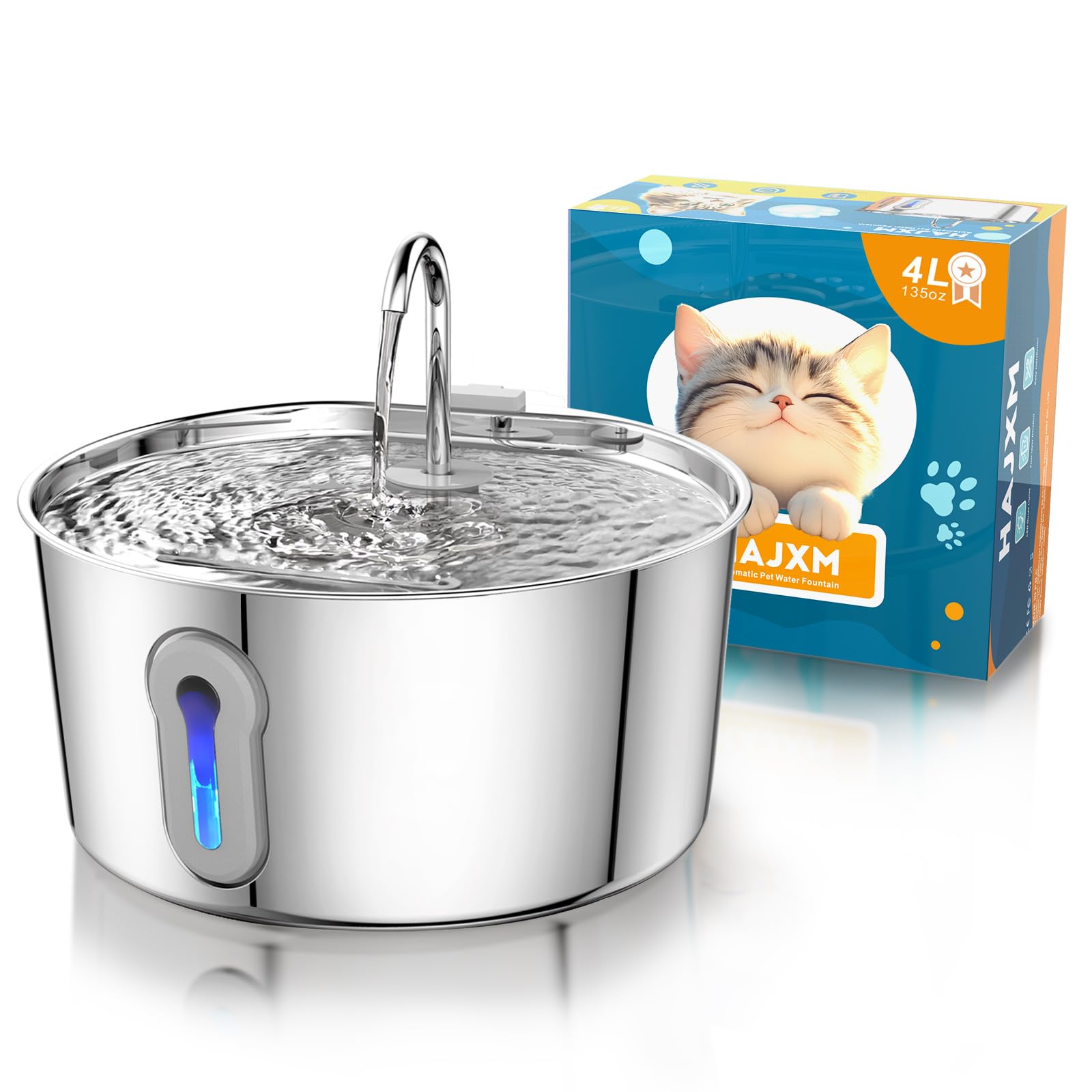 Hajxm Cat Water Fountain, 4.0L/135Oz Automatic Stainless Steel Pet Fountain Large Dog Water Dispenser With Ultra-Quiet Pump & 2 