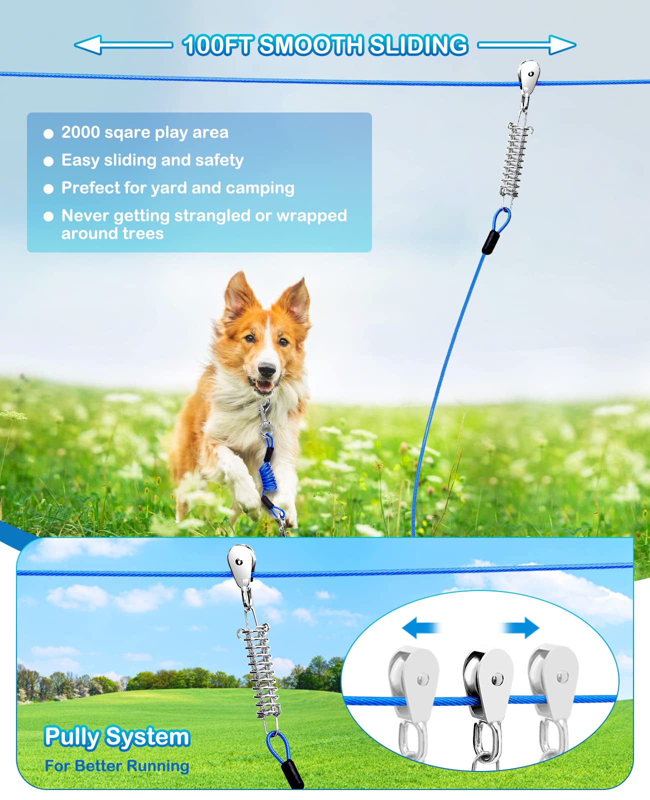 Duckygoo Upgraded Dog Runner for Yard, Dog Trolley System with Elastic Cable for Large Dog, 100ft Dog Tie Out Cable with 10ft Do