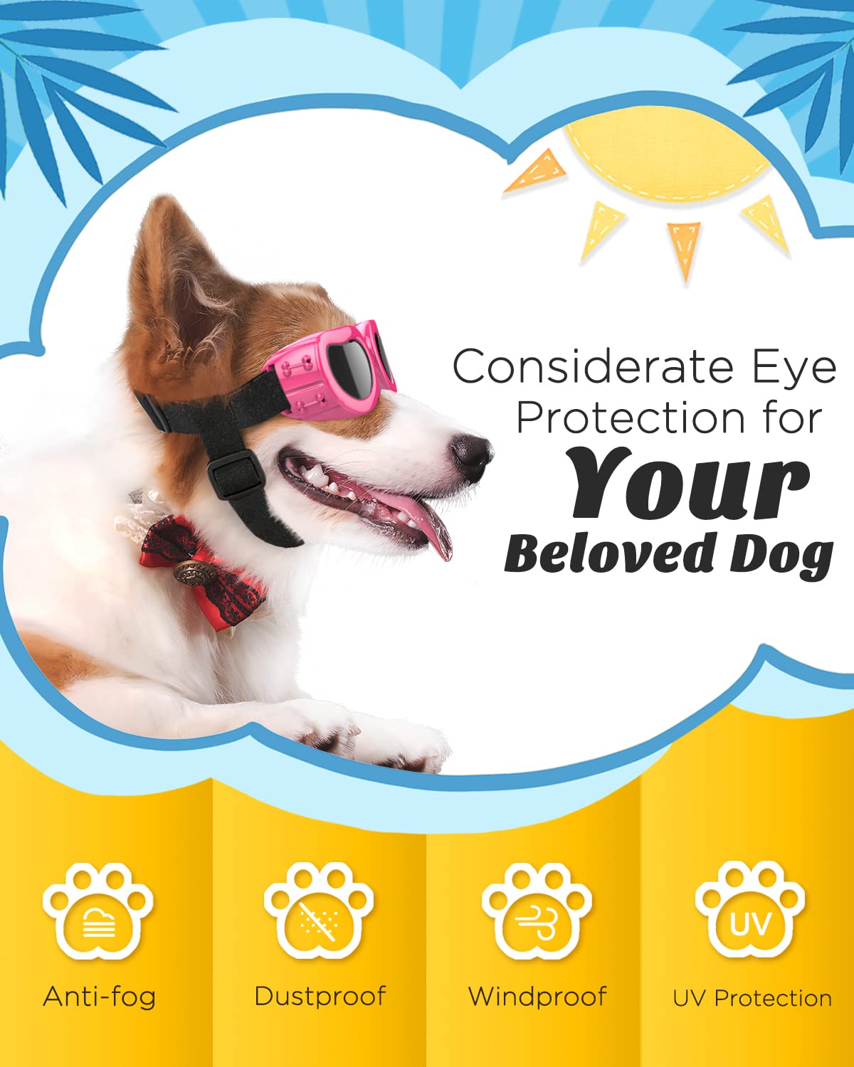 Lewondr Dog Sunglasses Small Breed Dogs Goggles Uv Protection,Goggles For Small Dogs Eye Wear Protection With Adjustable Strap W