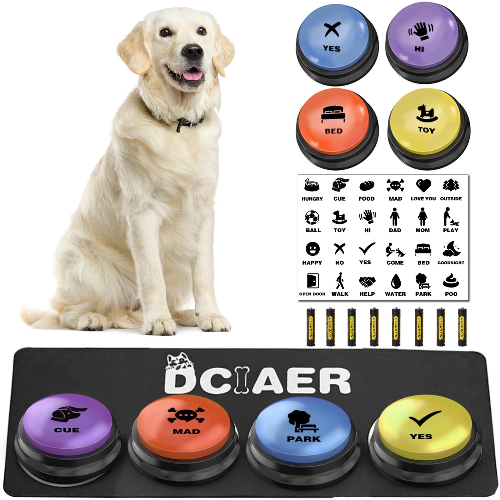 Dciaer Dog Communication Buttons, 4 Pieces, 30S Recordable Voice, Pet Training Buttons, With Manual, Batteries, 24 Scene Modes, 