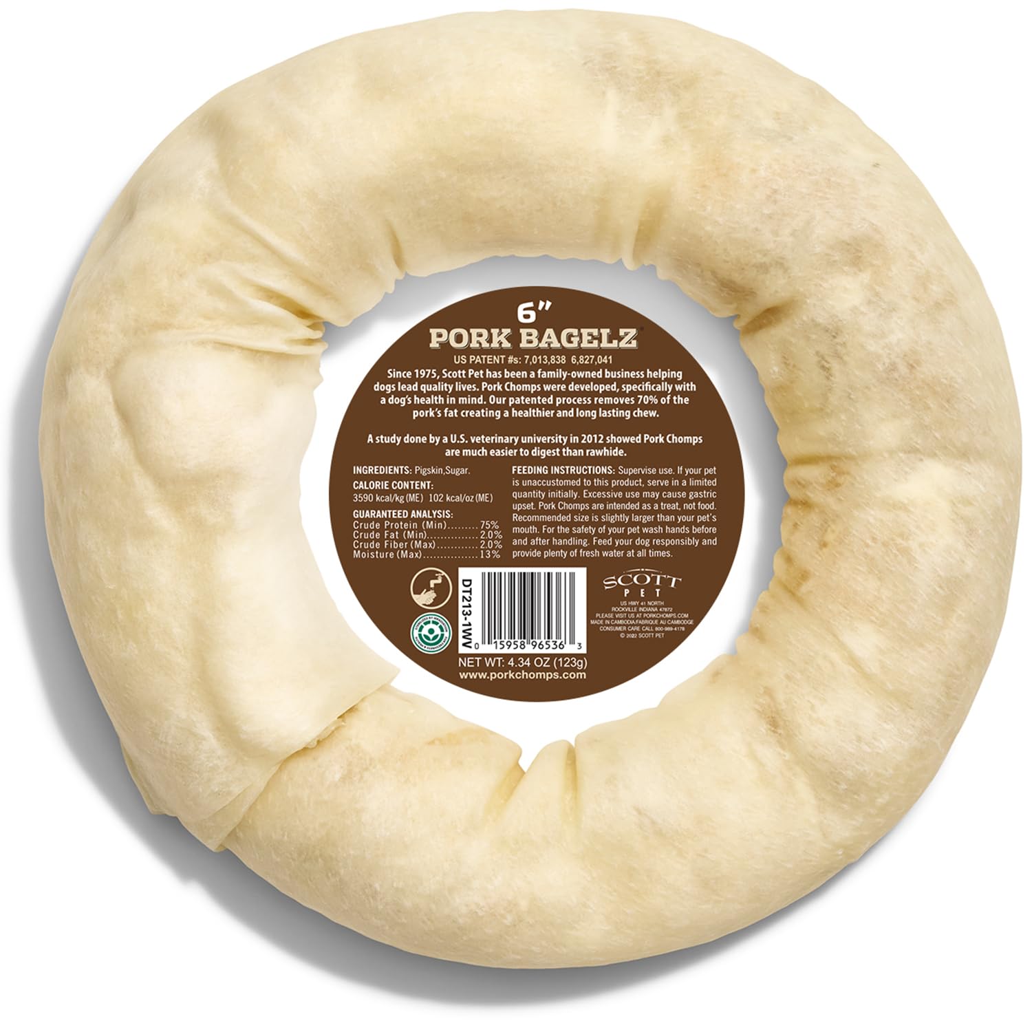 Pork Chomps Baked Pork Skin Dog Chew, 6-inch Bagel, 1 Count