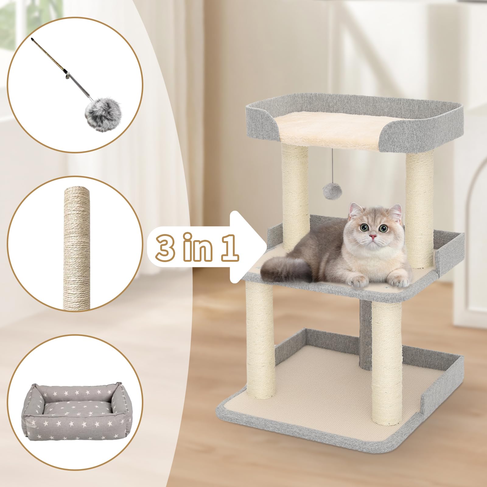 Durable Cat Scratching Post With Bed, Multi-Level 27.56In Cat Tree With Scratching Posts Of Natural Sisal, All-Season Cat Tree F