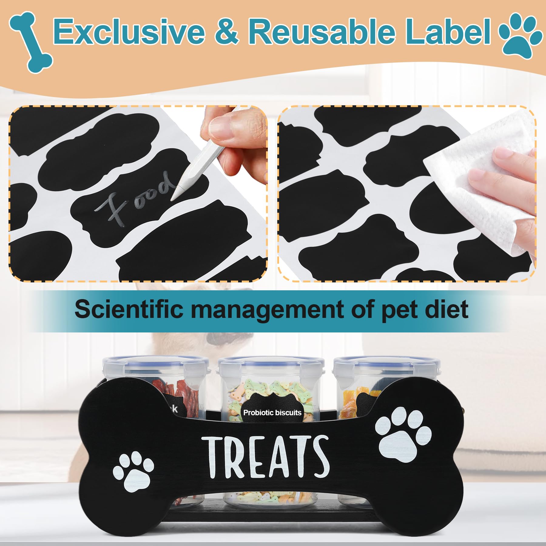 WGFKVAS Dog Treat Container - Wooden Food Storage with 3 Jars, Black, Model GJZ-01, Perfect Gift for Dog Owners