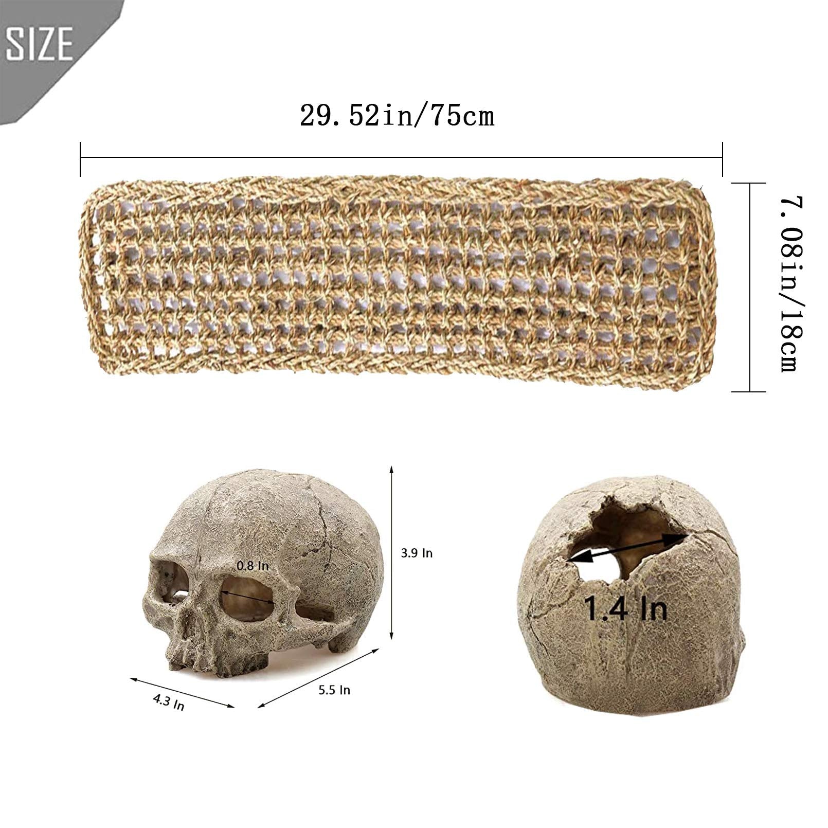 PINVNBY Bearded Dragon Tank Accessories,Reptiles Resin Human Skull Habitat Decor,Lizard Hammock Coconut Shell Hut Hideouts Cave