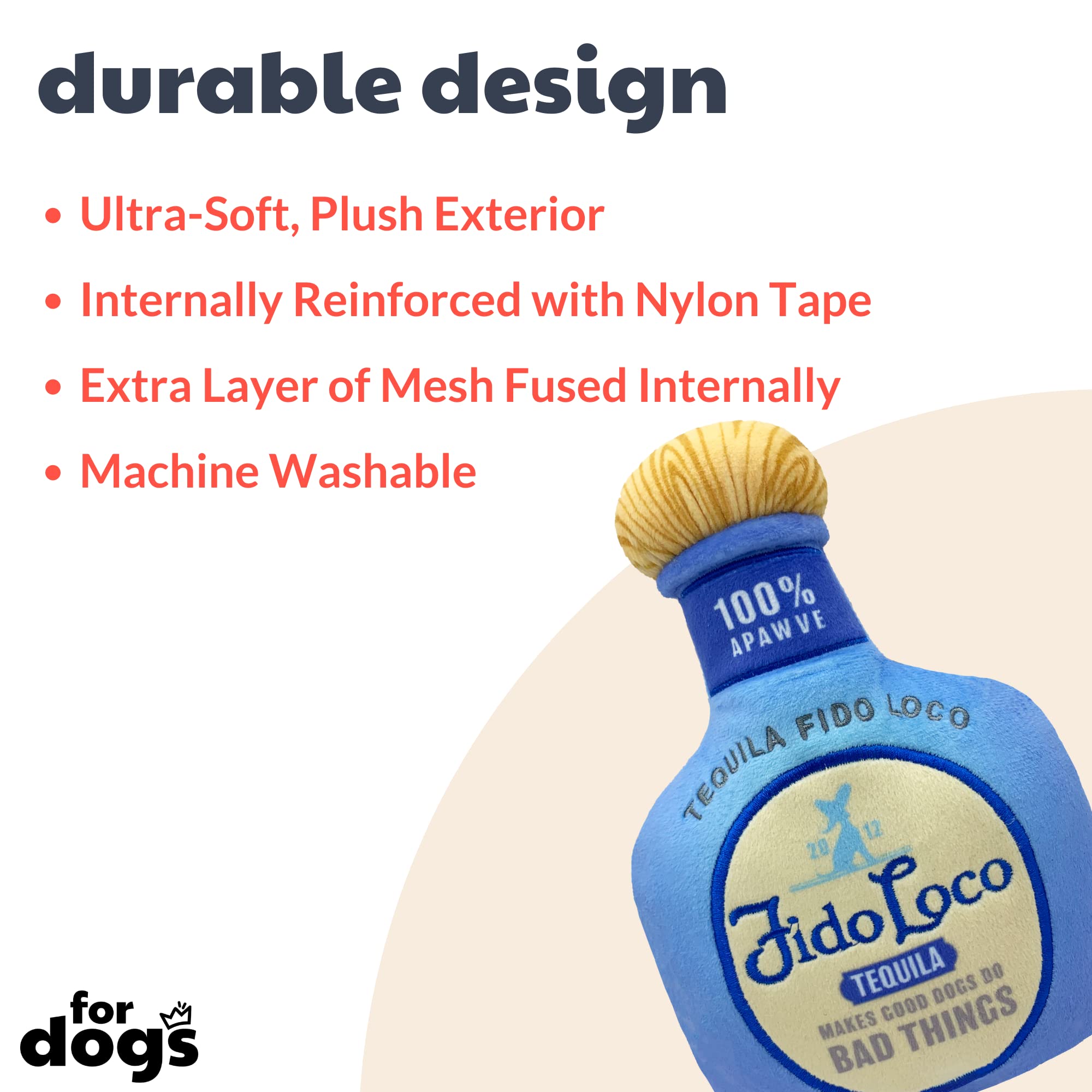 Huxley & Kent for Dogs | Fido Loco Tequila (Small) | Power Plush Dog Toy with Squeaker | Funny Dog Gift | Fun, Durable, and Safe