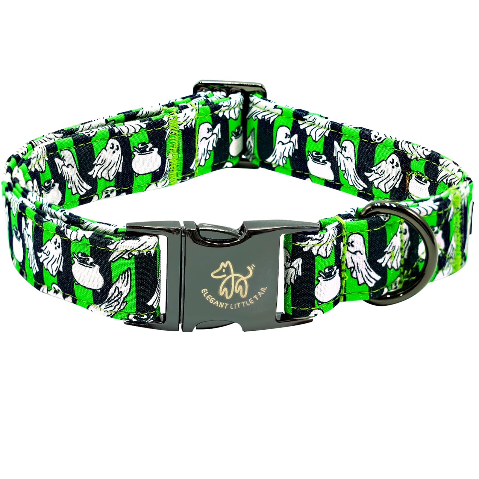 Elegant Little Tail Dog Collar For Halloween - Ghost Pet Collar, Green Boy Puppy Collar, Cotton With Metal Buckle, Adjustable Fo