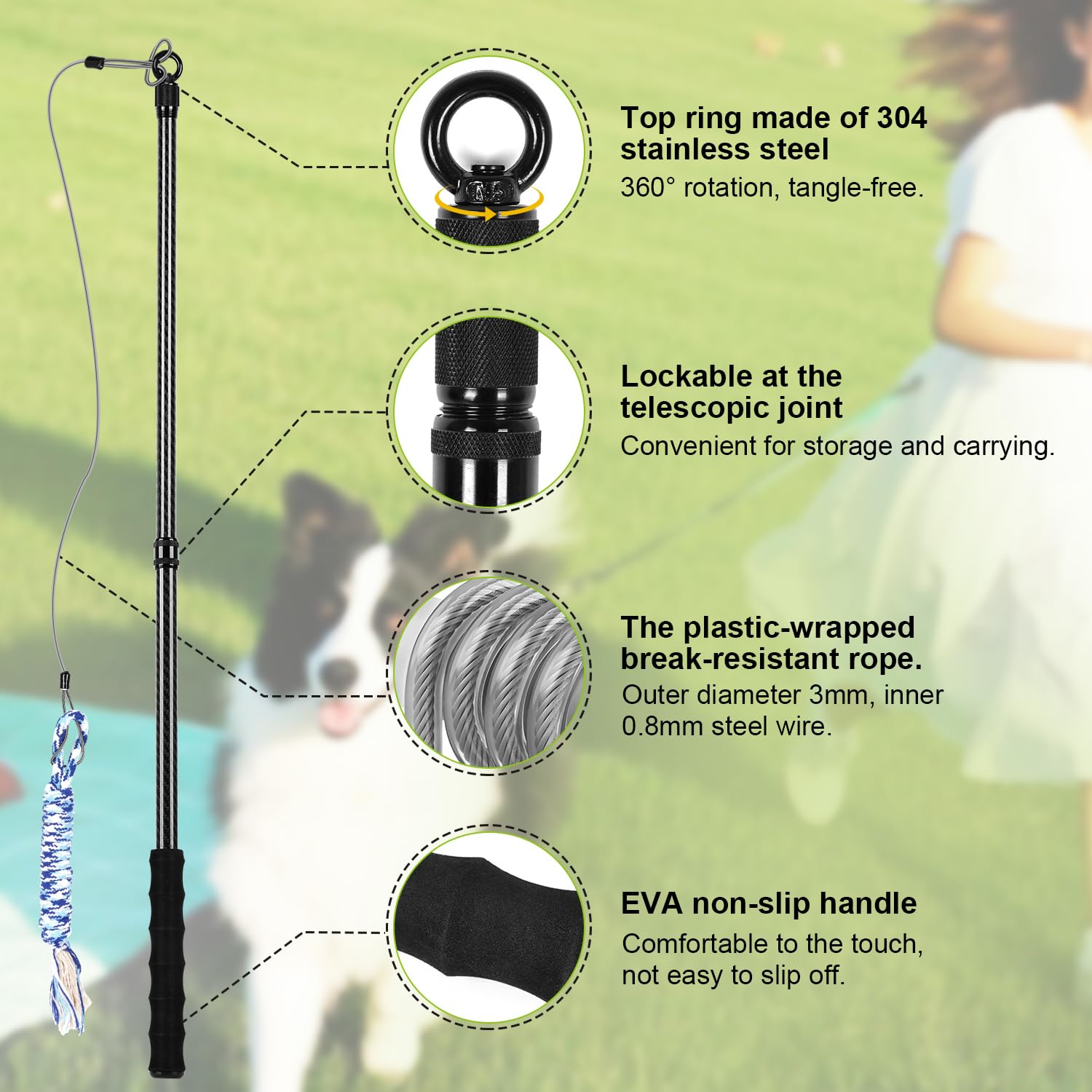 Msnaile Carbon Fiber Flirt Pole For Dogs, 0.2 Pounds Lightweight Dog Flirt Pole For Large Medium Small Dogs, Telescopic Flirt St