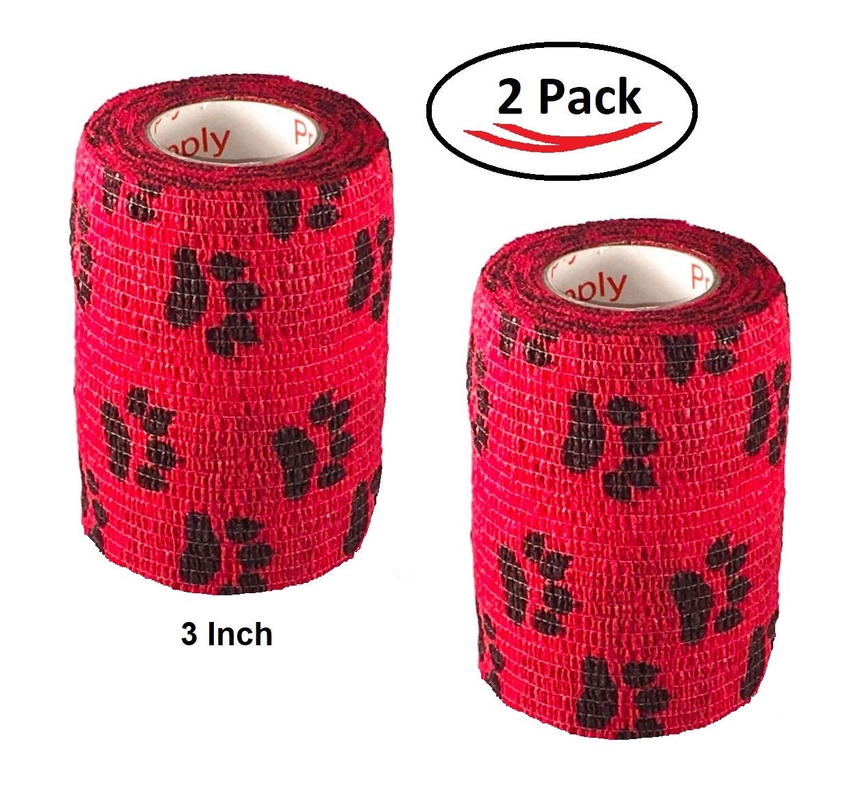 Vet Wrap Wrap Tape (Red with Paw Prints) (2 Pack) (3 Inch x 15 feet) Self Adhesive Adherent Adhering Cohesive Flex Self Stick Ba