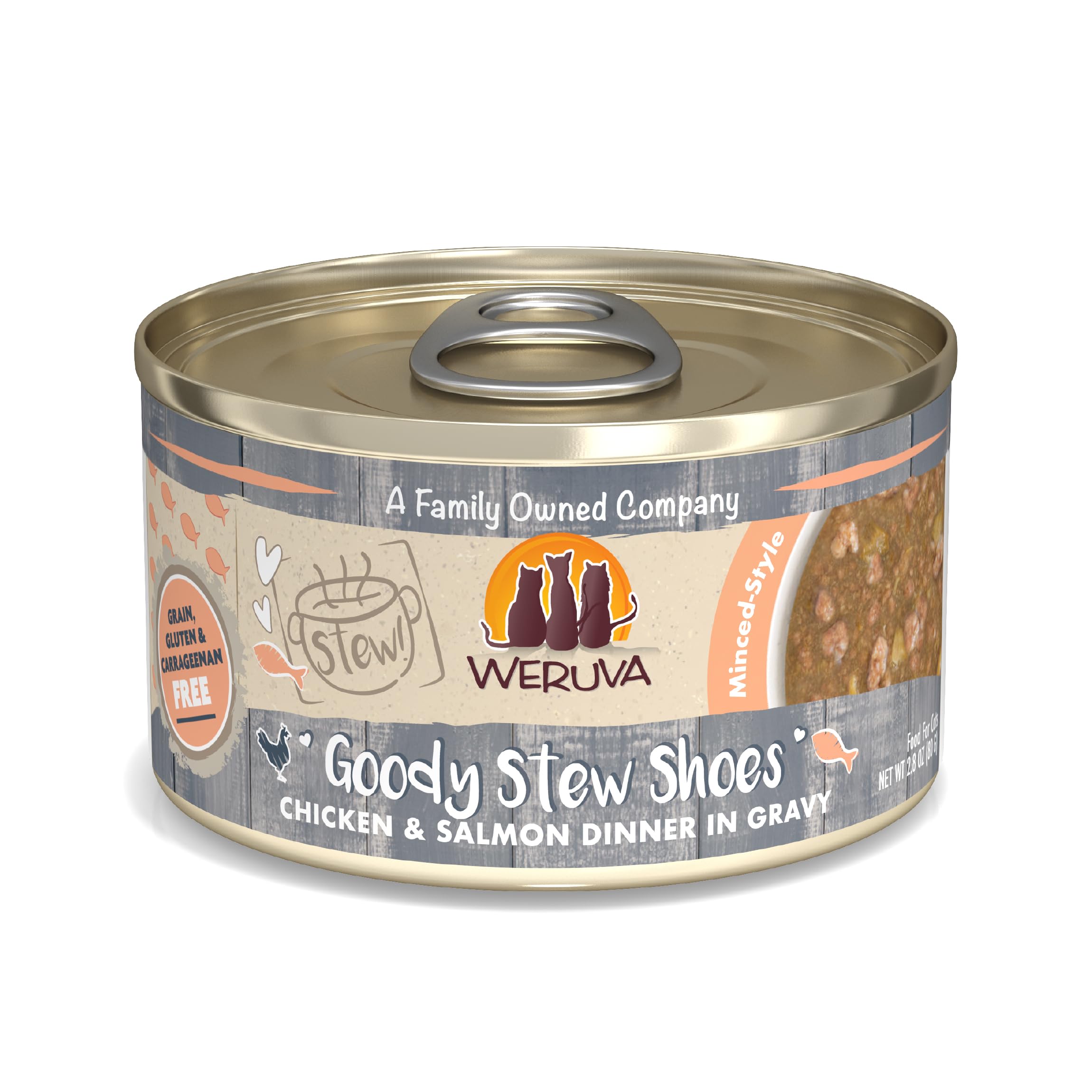 Weruva Classic Cat Stews!, Goody Stew Shoes with Chicken & Salmon in Gravy, 2.8oz Can (Pack of 12)