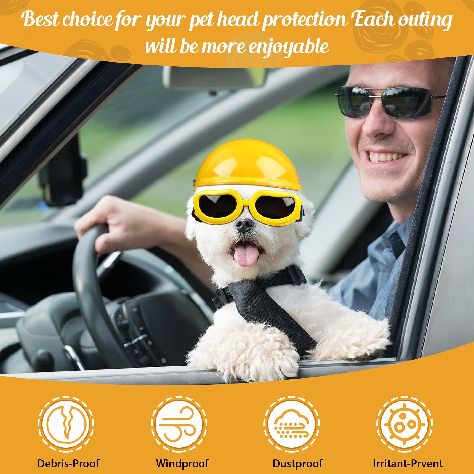 Pet Dog Helmet And Dog Goggles Set 4 Inch Padded Pet Motorcycle Helmet Dog Sunglasses Safety Pet Cap Dog Hard Hat Adorable Puppy Goggles With Adjustable Belt For Small Dog Riding,S Size (Yellow)