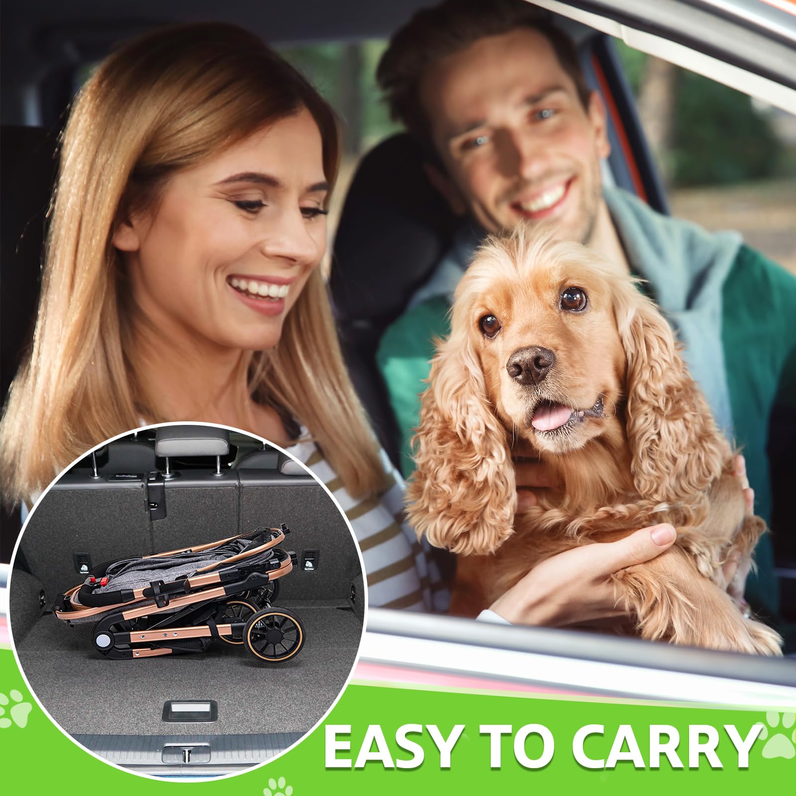 Lensemus Foldable Medium Dog Stroller - 3 In 1 Pet Stroller With Detachable Storage Basket 4 All-Terrain Rubber Wheels Pull Rod