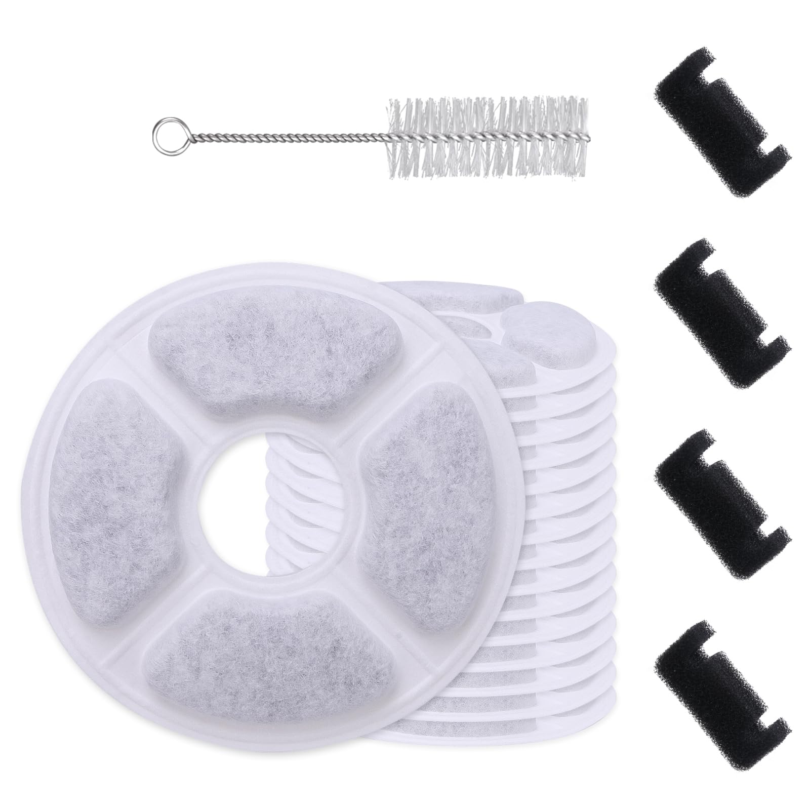 21 Pcs Cat Fountain Filter Replacement Kit Includes 16 Filters, 4 Sponges, And 1 Brush. With 50% More Activated Carbon And Tripl