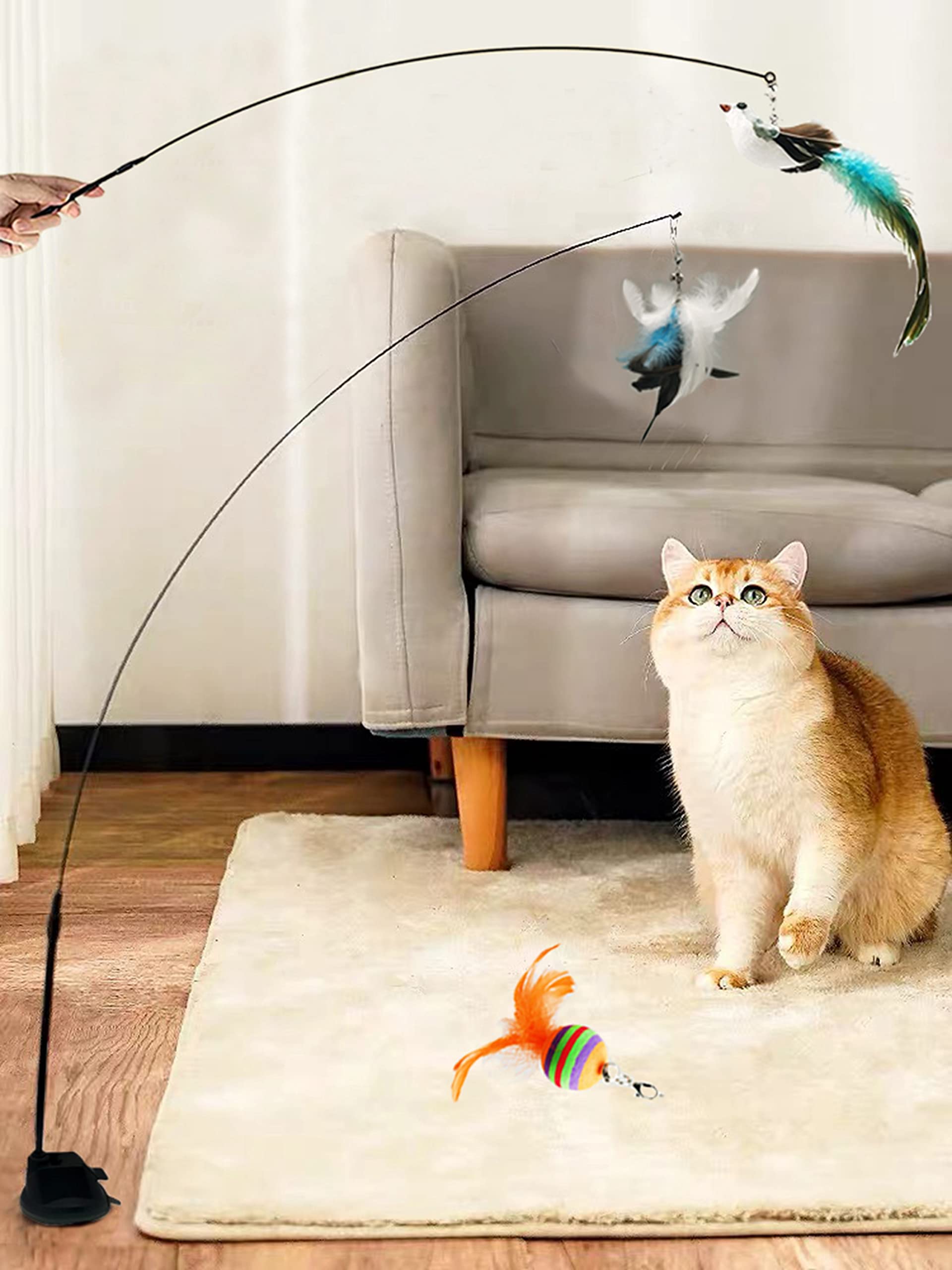 Benemall Interactive Cat Feather Toy With Super Suction Cup & Bonus Double-Sided Nano Adhesive - 3 Replaceable Feathers, Bell & 