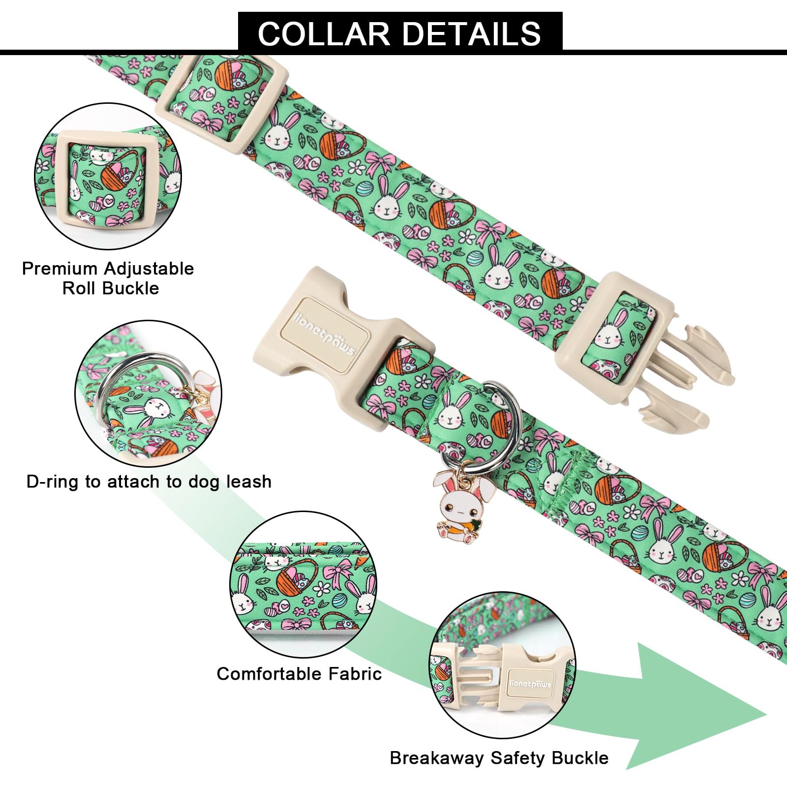 Lionet Paws Easter Dog Collar- Cute Green Eggs Dog Collars With Plastic Buckle, Light Adjustable Dog Large Collars With Rabbit P