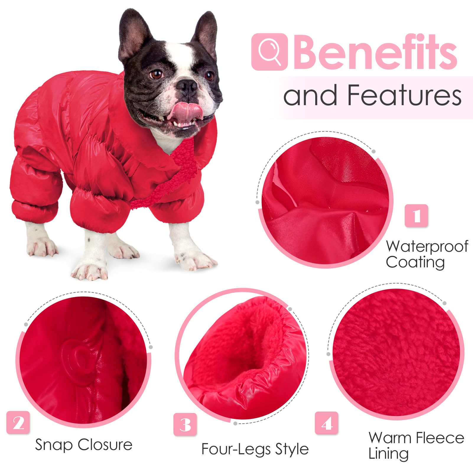 Aofitee Dog Coat, Waterproof Dog Jacket For Winter, Fullbody Dog Coats Snowsuit, Windproof Puppy Down Jacket Puffer Coat, Fleece Winter Vest For Dogs, Cold Weather Dog Coats For Small Dogs, Red, 2Xl