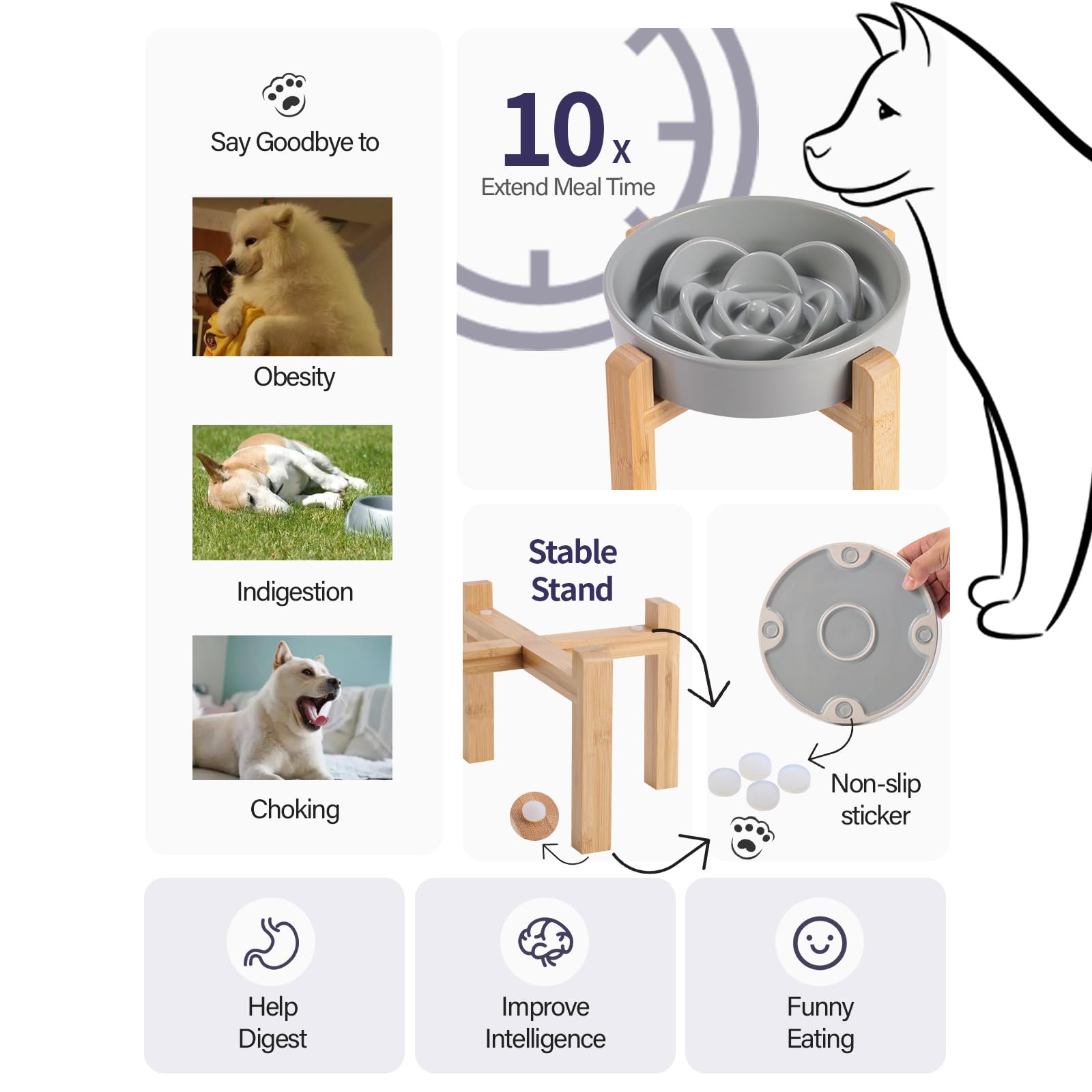8.26 in Grey Dog Bowl Slow Feeder Ceramic for Medium and Large Breed,Elevated/Raised Slow Feeding Dog Food Water Dish Heavy Weig