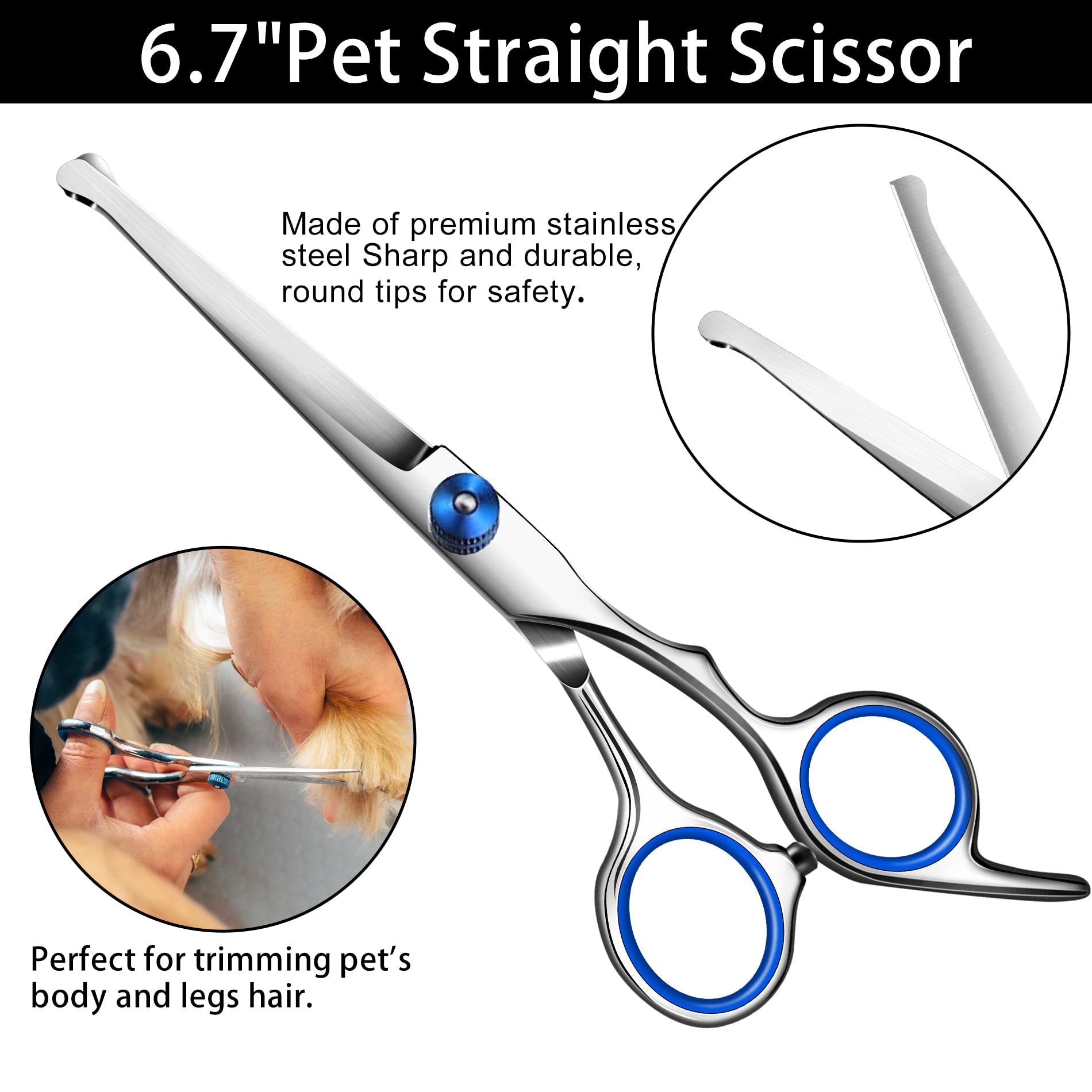 Wikdey Dog Grooming Scissors With Safety Round Tip,Professional Dog Grooming Kit,Dog Hair Shears Set,Incude Thinning? Curved?Str
