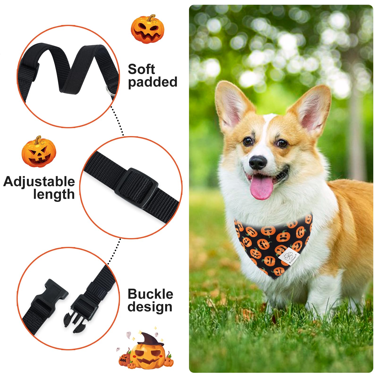 E-Clover Halloween Dog Collar - Pumpkin Dog Collar Bandana & Matching Scrunchie Adjustable Dog Collars Girl Boy For Xs Small Dog