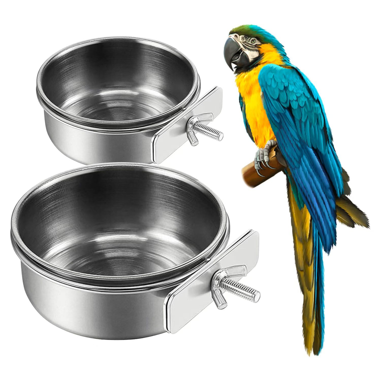 2Pcs Stainless Steel Bird Feeding Bowls, Small Bird Feeding Cup, Stainless Steel Parrot Food Bowl Cage with Holder, Parrot Cage 