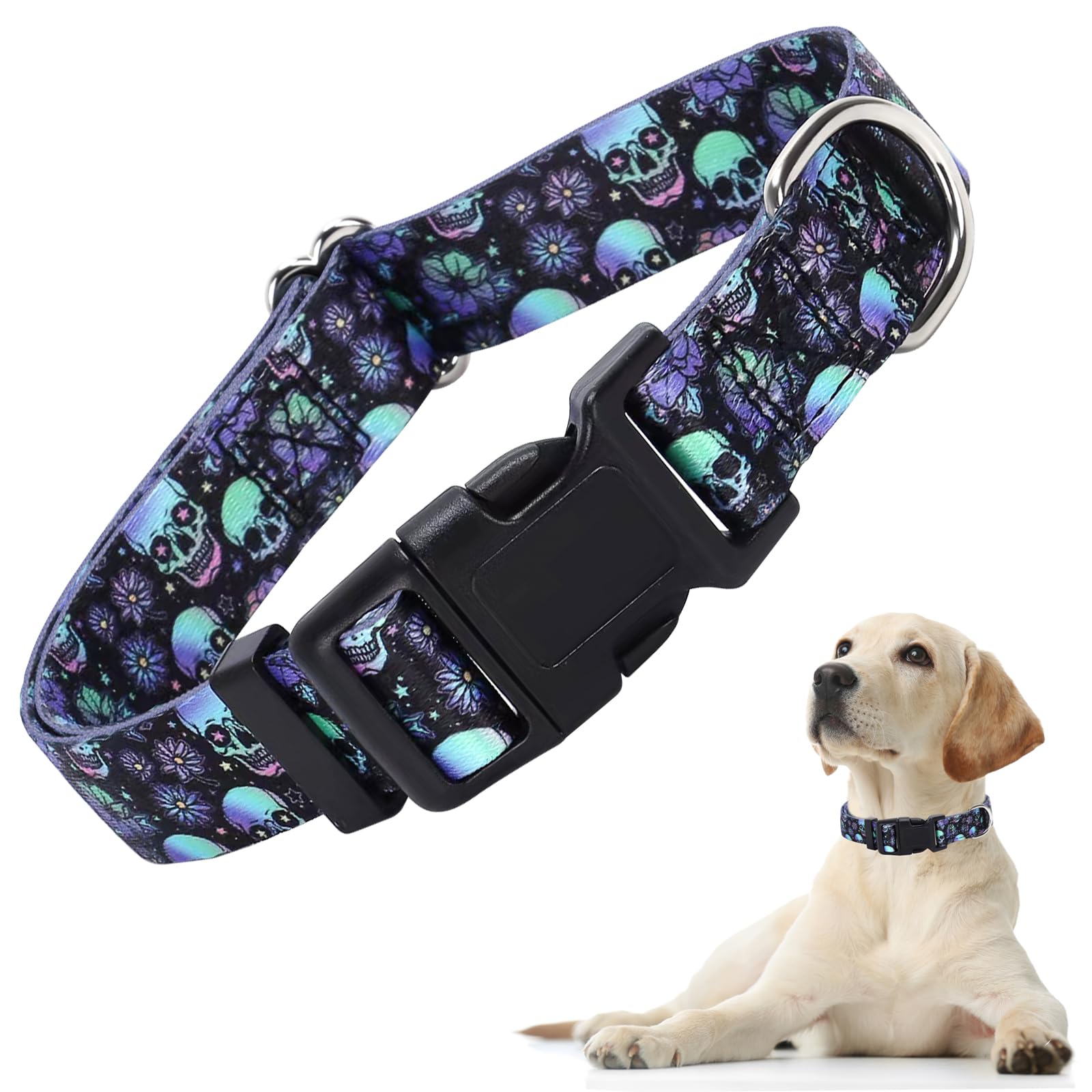 Dog Collars For Medium Boy And Girl Dogs, Adjustable Soft Skull Patterns Dog Collar With Quick Release Buckle For Xs Small Mediu