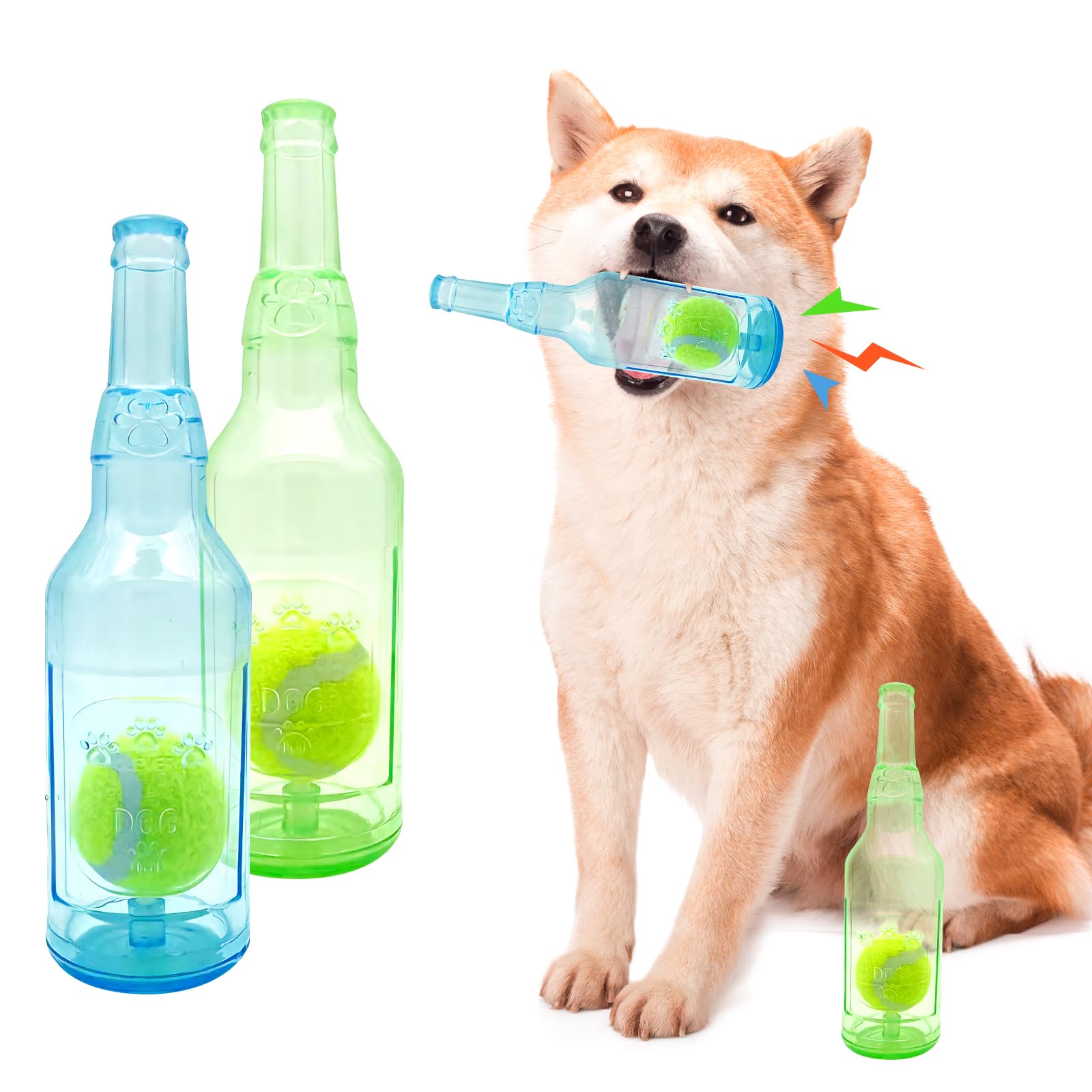 Aerbee 2Pcs Crunchnplay Bottle Toy For Dogs, Interesting Squeaky Dog Toys, 7.7' Rubber Water Bottle Toys With Tennis Ball, Pet 