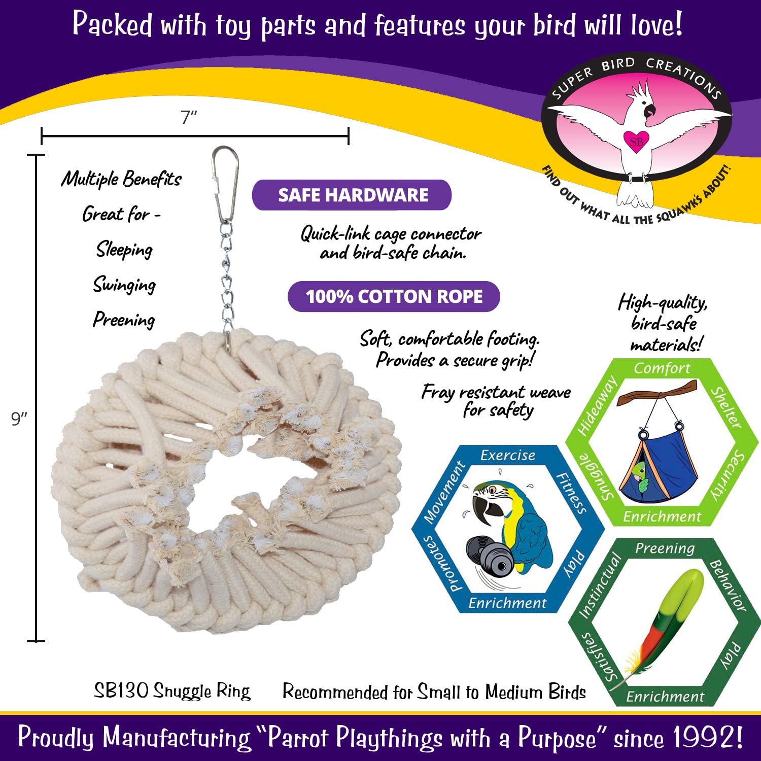 Super Bird Creations Sb130 Snuggle Ring Bird Toy - Comforting Cotton Rope Hideaway - Durable Steel Ring, Safe Cage Attachment -