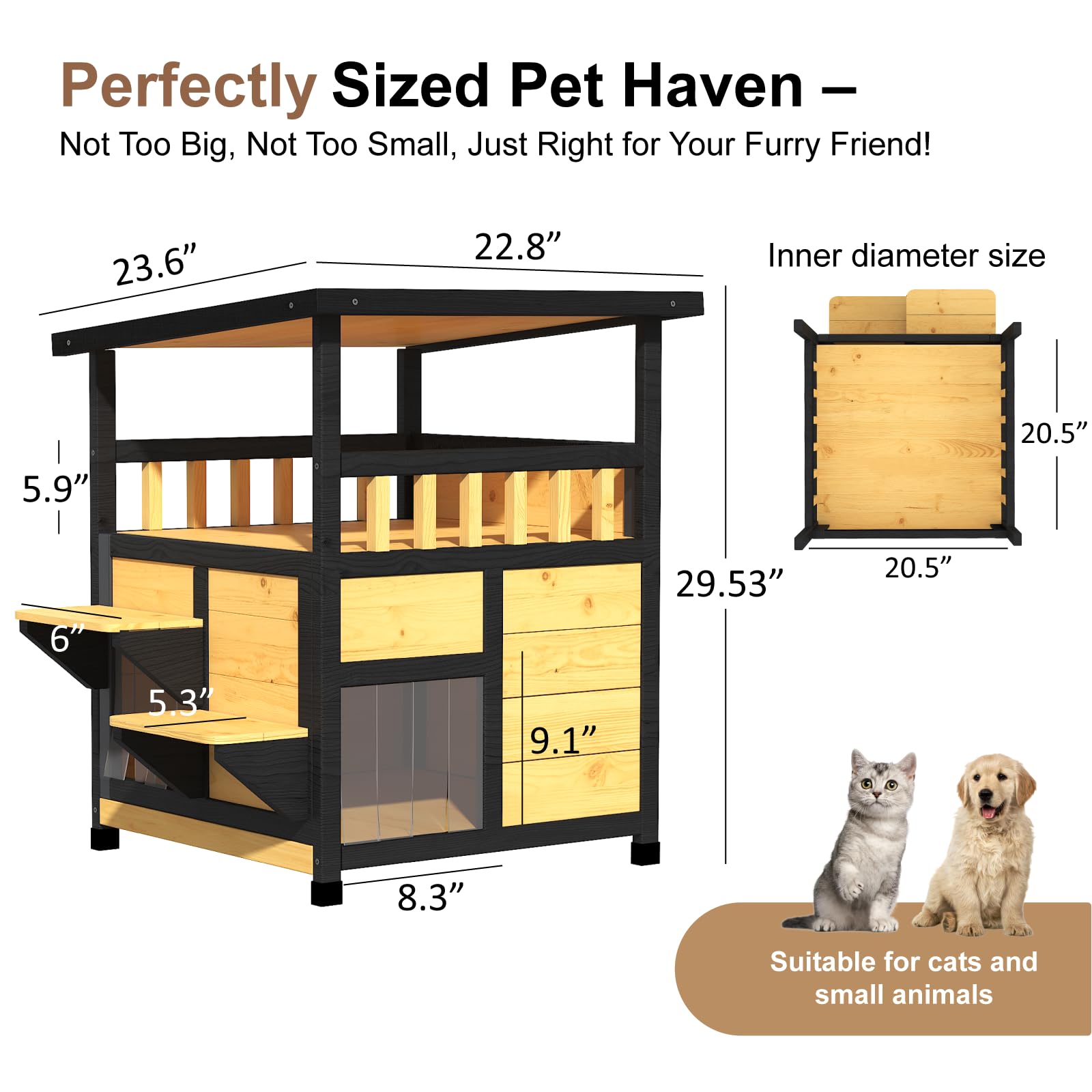 Outdoor Cat House Weatherproof - Outside Two Story Feral Cat Shelter With Escape Door, Wood Dog Condo For Small/Medium Pets, Pul