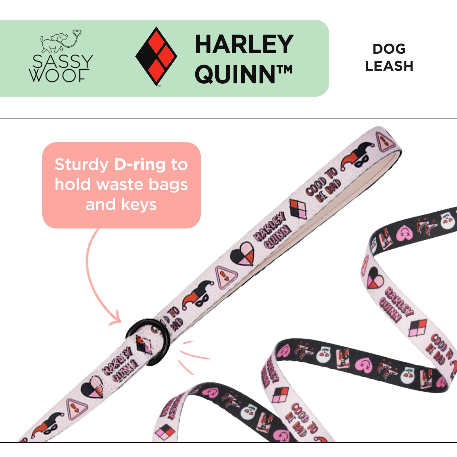 Sassy Woof Harley Quinn Dog Leash 60-Inch With Neoprene Padded Handle - Comfortable, Durable, And Stylish For Small To Large Dog