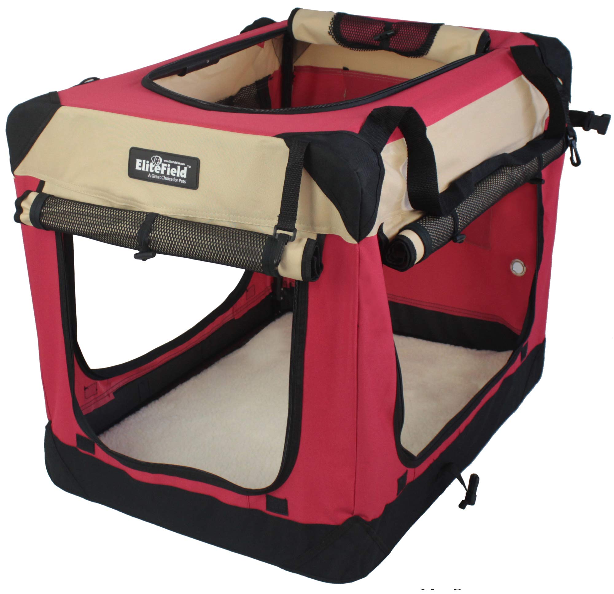 EliteField 4-Door Folding Soft Dog Crate, Indoor & Outdoor, 30" L x 21" W x 24" H, Red+Beige, Includes Carrying Bag &