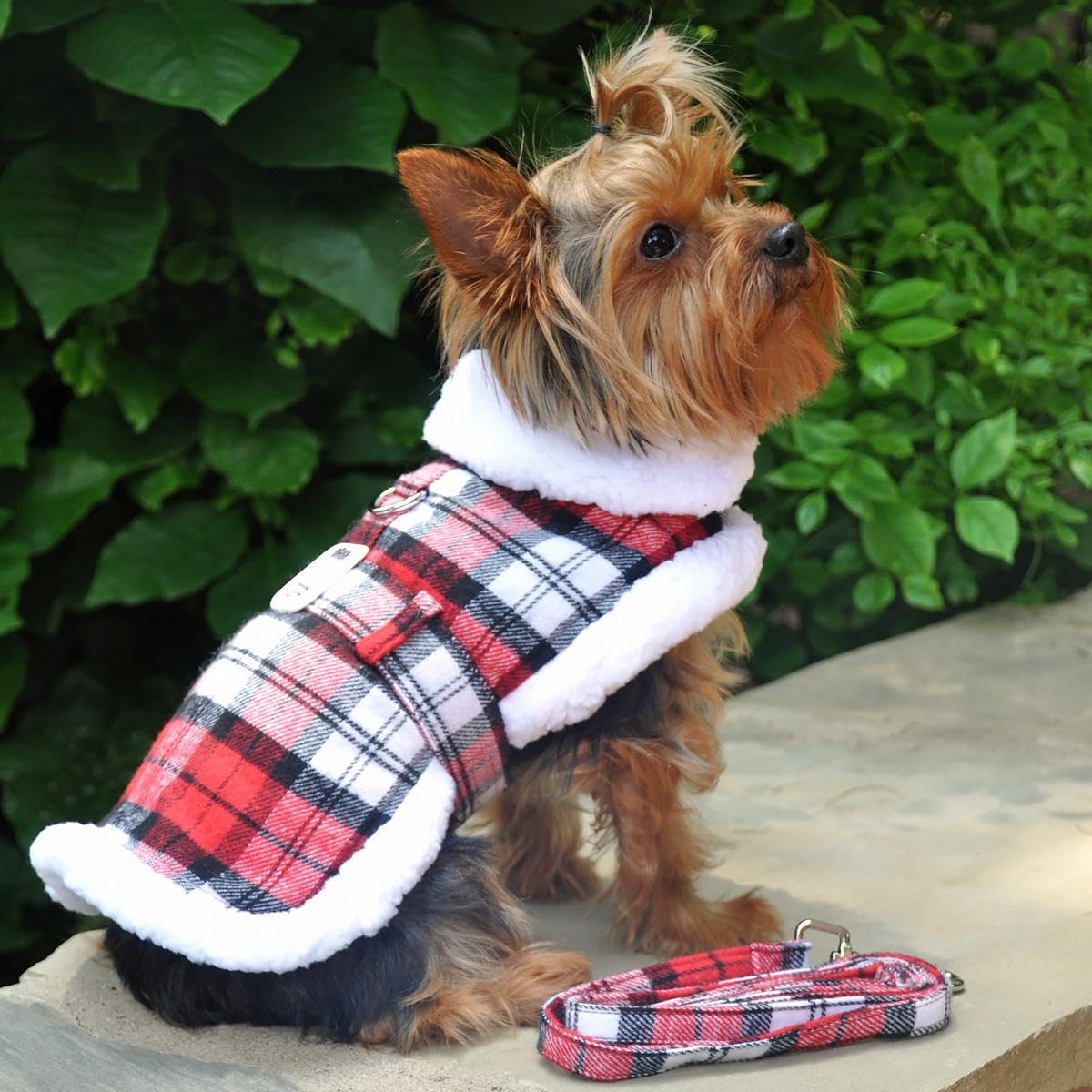 Doggie Design Plaid Fur-Trimmed Dog Harness Coat - Red And White