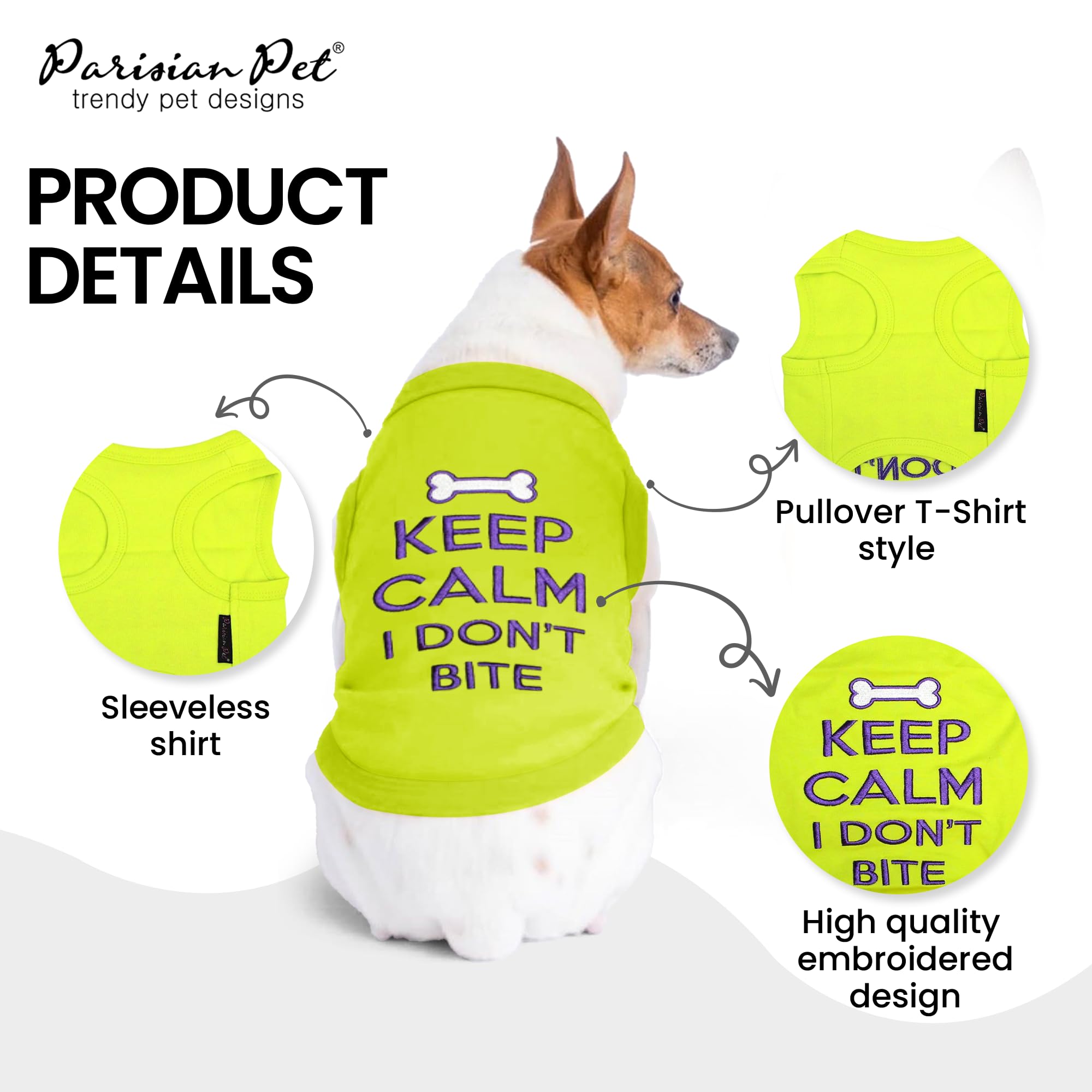 Parisian Pet Dog Tshirt - Embroidered Keep Calm I Dont Bite Dog Clothes - Breathable And Lightweight Pet Vest - Sleeveless Tee S