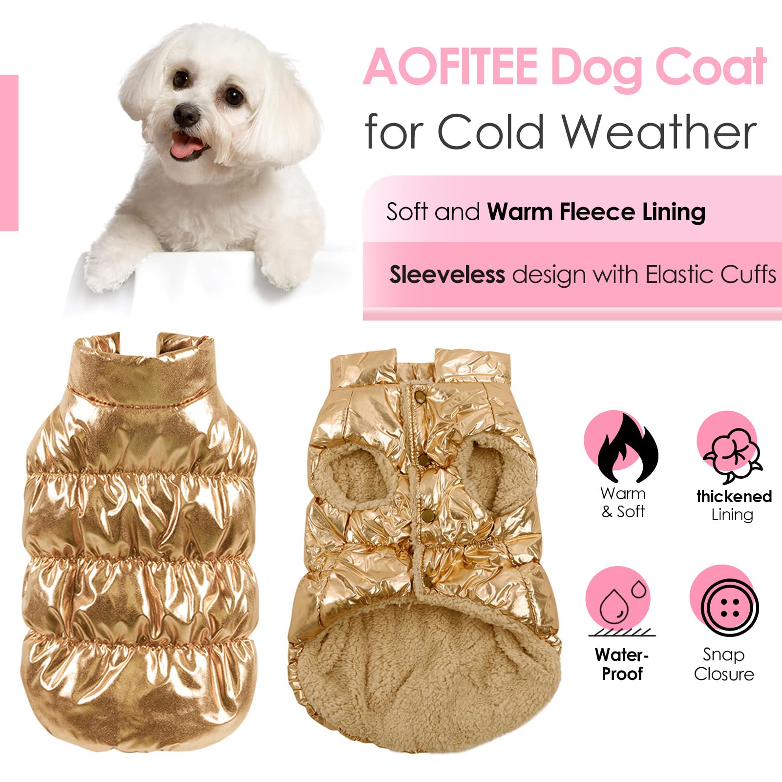 AOFITEE Waterproof Dog Jacket, Winter Coat for Small Dogs, Fleece Snowsuit Warm Puffer Jacket, Cozy Pet Winter Vest, Cold Weathe
