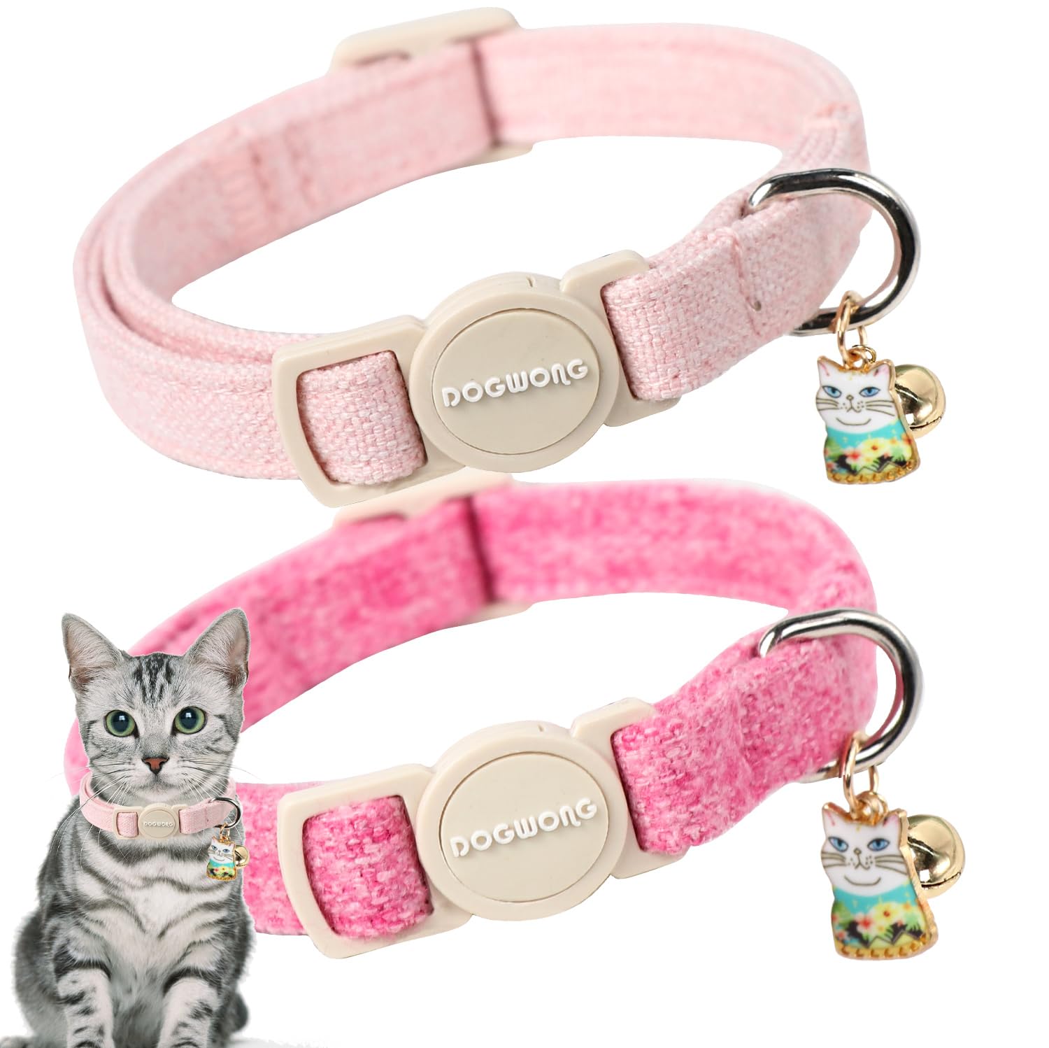 Cat Collar,2 Pack Pink Cat Collars Breakaway With Bell, Dogwong Safety Buckle Cat Collar For Girl Boy Cats And Small Dogs,Adjust