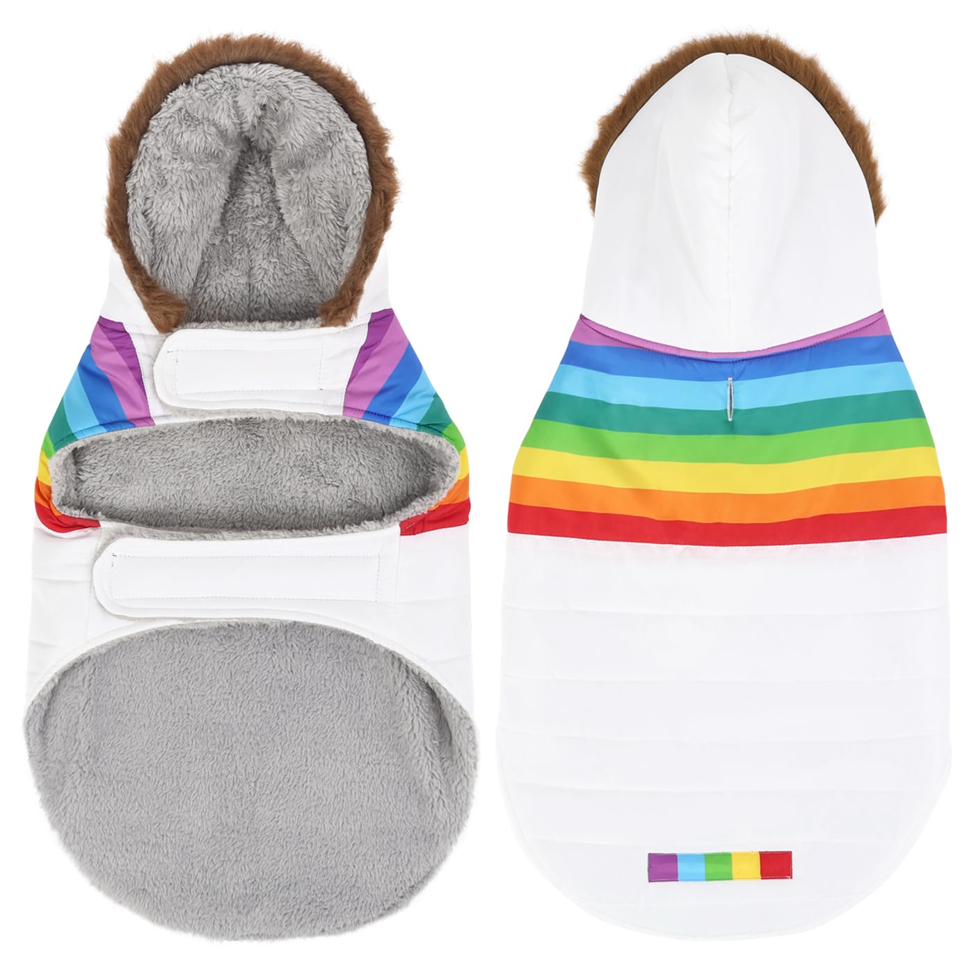 Hde Dog Puffer Jacket Fleece Lined Warm Dog Parka Winter Coat With Harness Hole White Rainbow Stripe - M