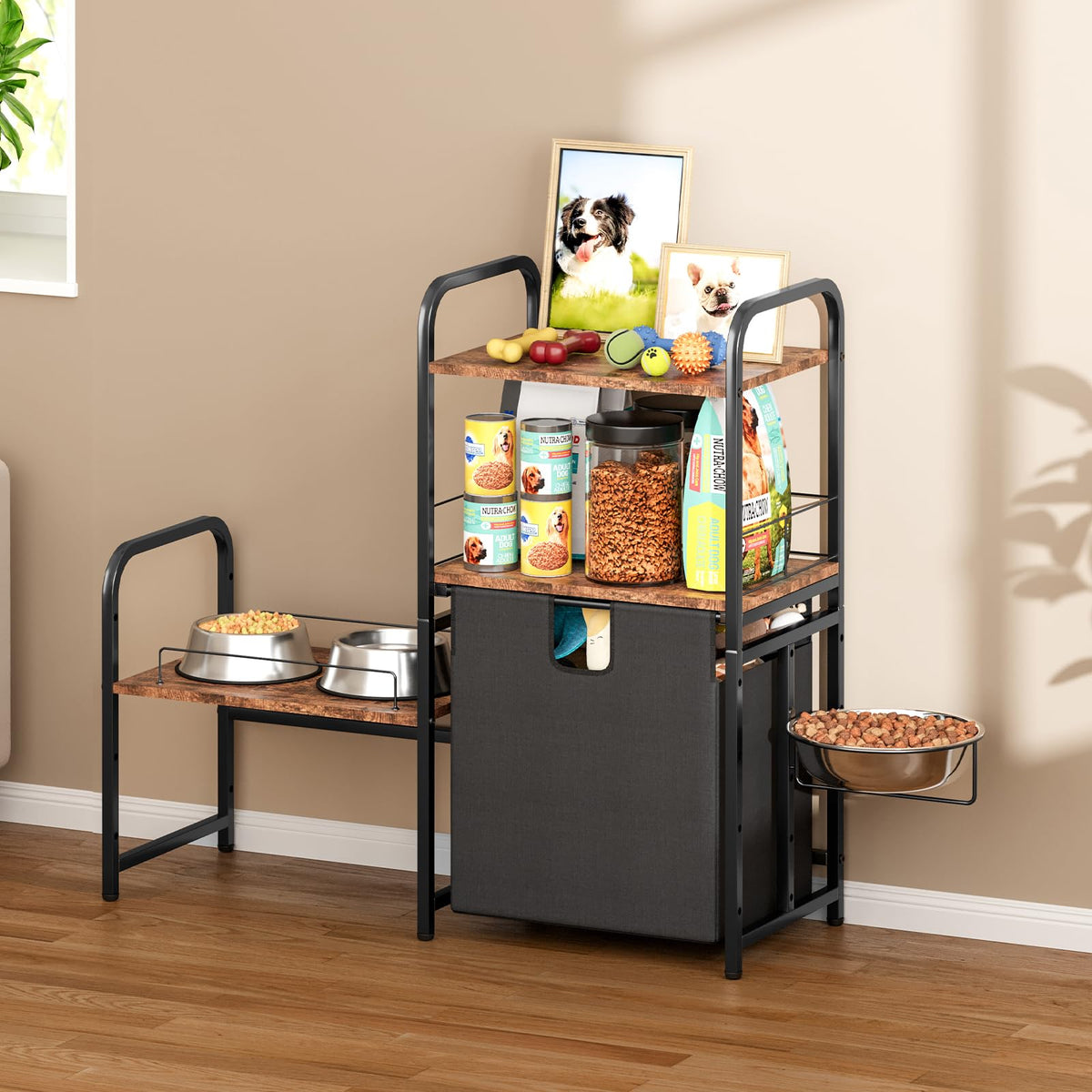 Litail Dog Feeding Station With Storage Organizer & Anti-Slip Mats, Elevated Dog Bowls For Wall Mount, 7 Height Adjustable Raise